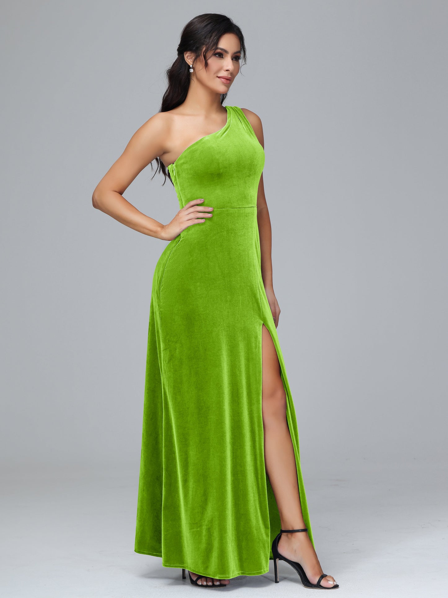 One Shoulder Plus Size Velvet Bridesmaid Dress With Slit