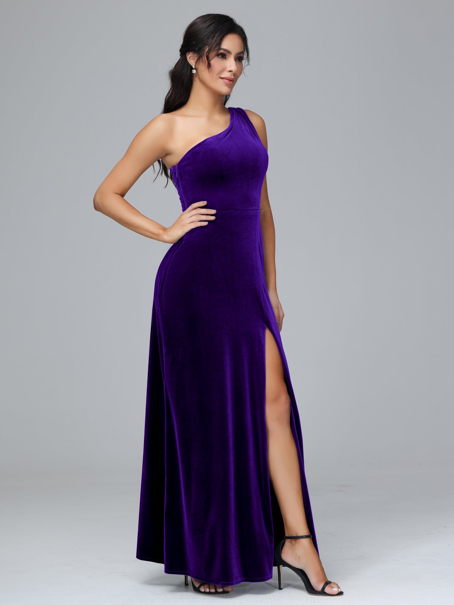 One Shoulder Velvet Bridesmaid Dress With Slit