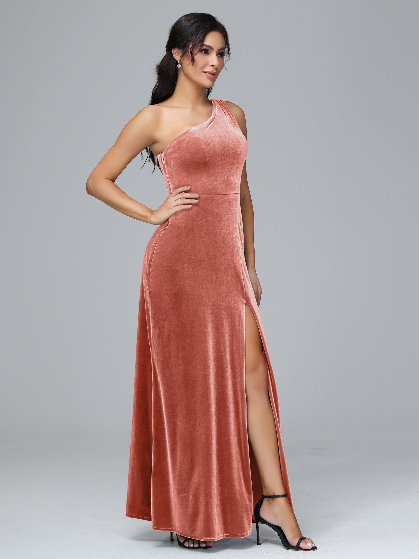 One Shoulder Velvet Bridesmaid Dress With Slit