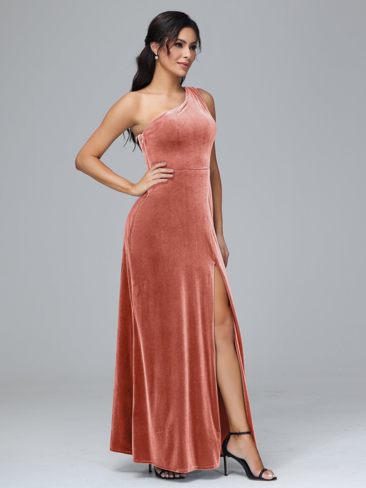 One Shoulder Plus Size Velvet Bridesmaid Dress With Slit