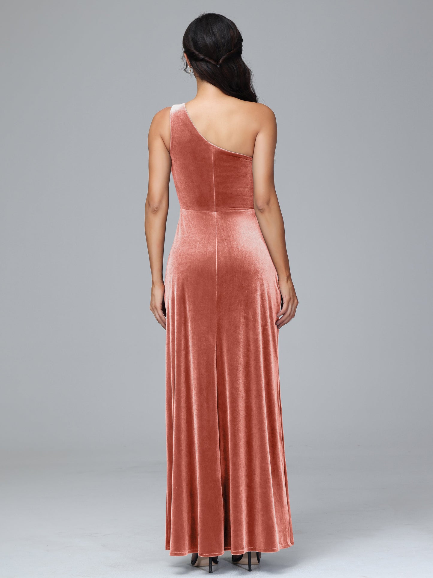 One Shoulder Plus Size Velvet Bridesmaid Dress With Slit