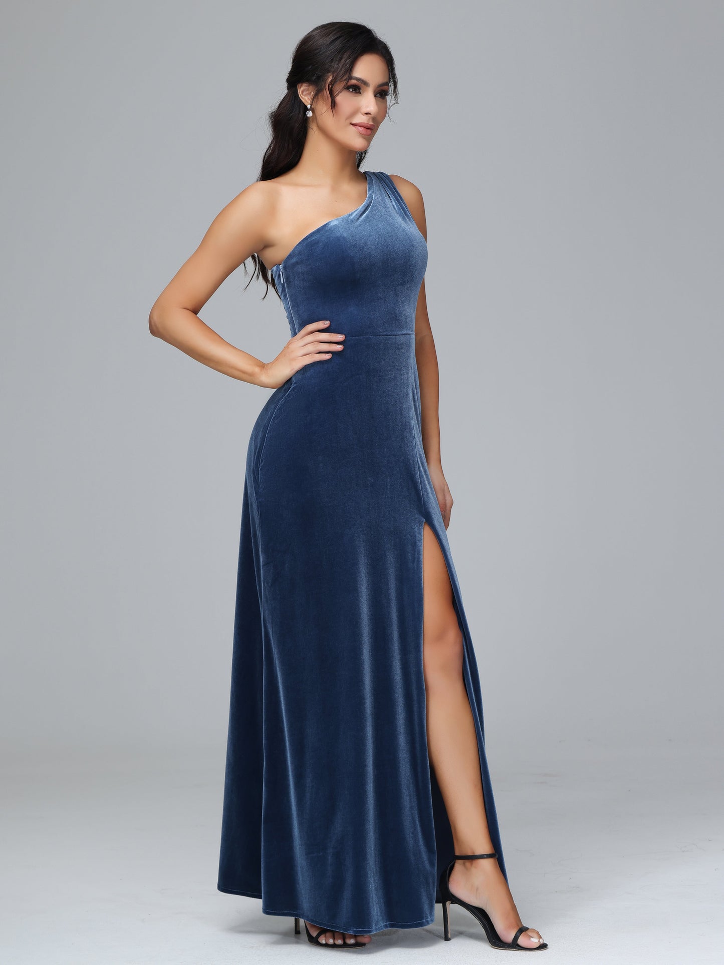 One Shoulder Plus Size Velvet Bridesmaid Dress With Slit