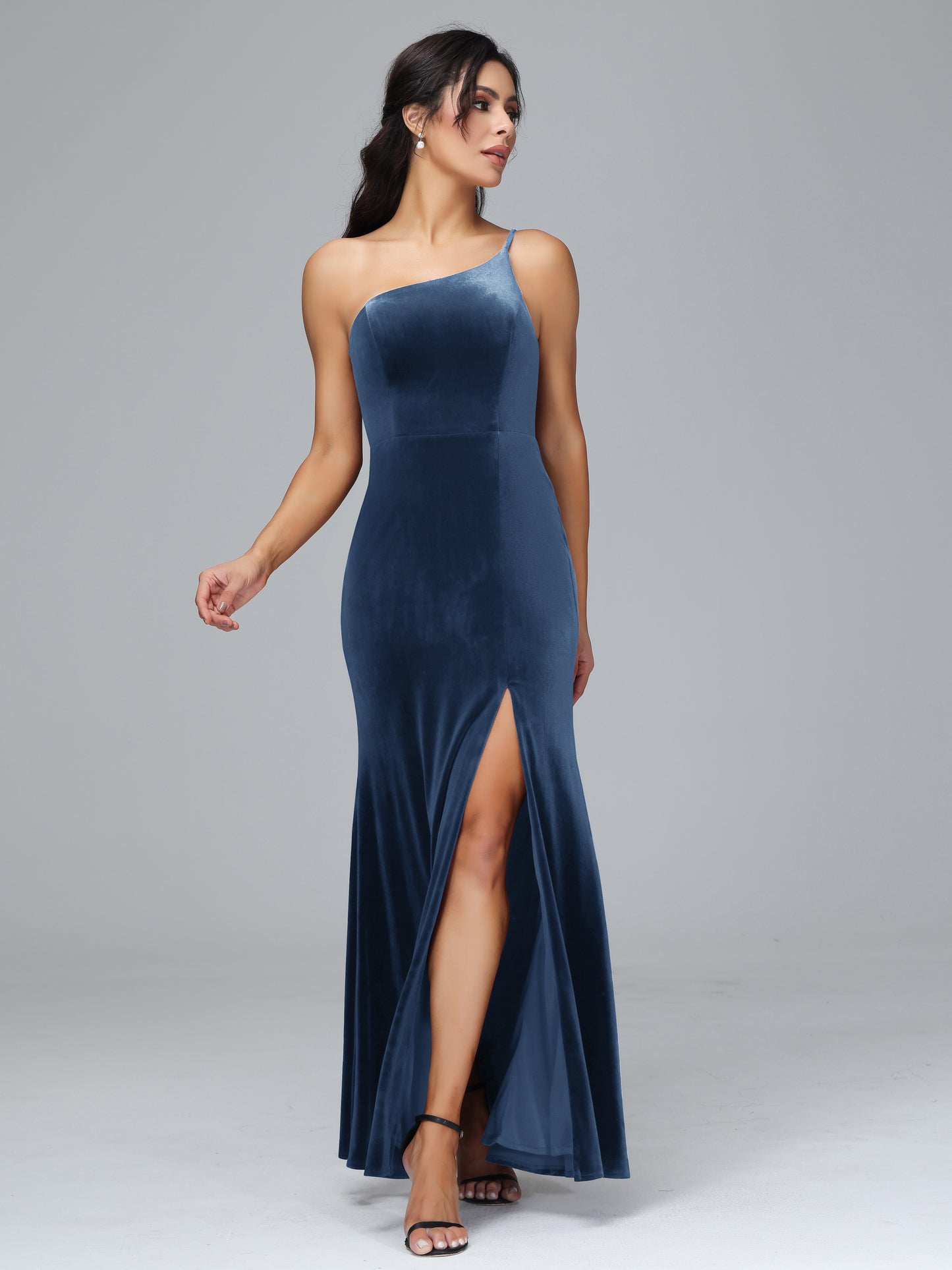 One Shoulder Velvet Bridesmaid Dress With Slit