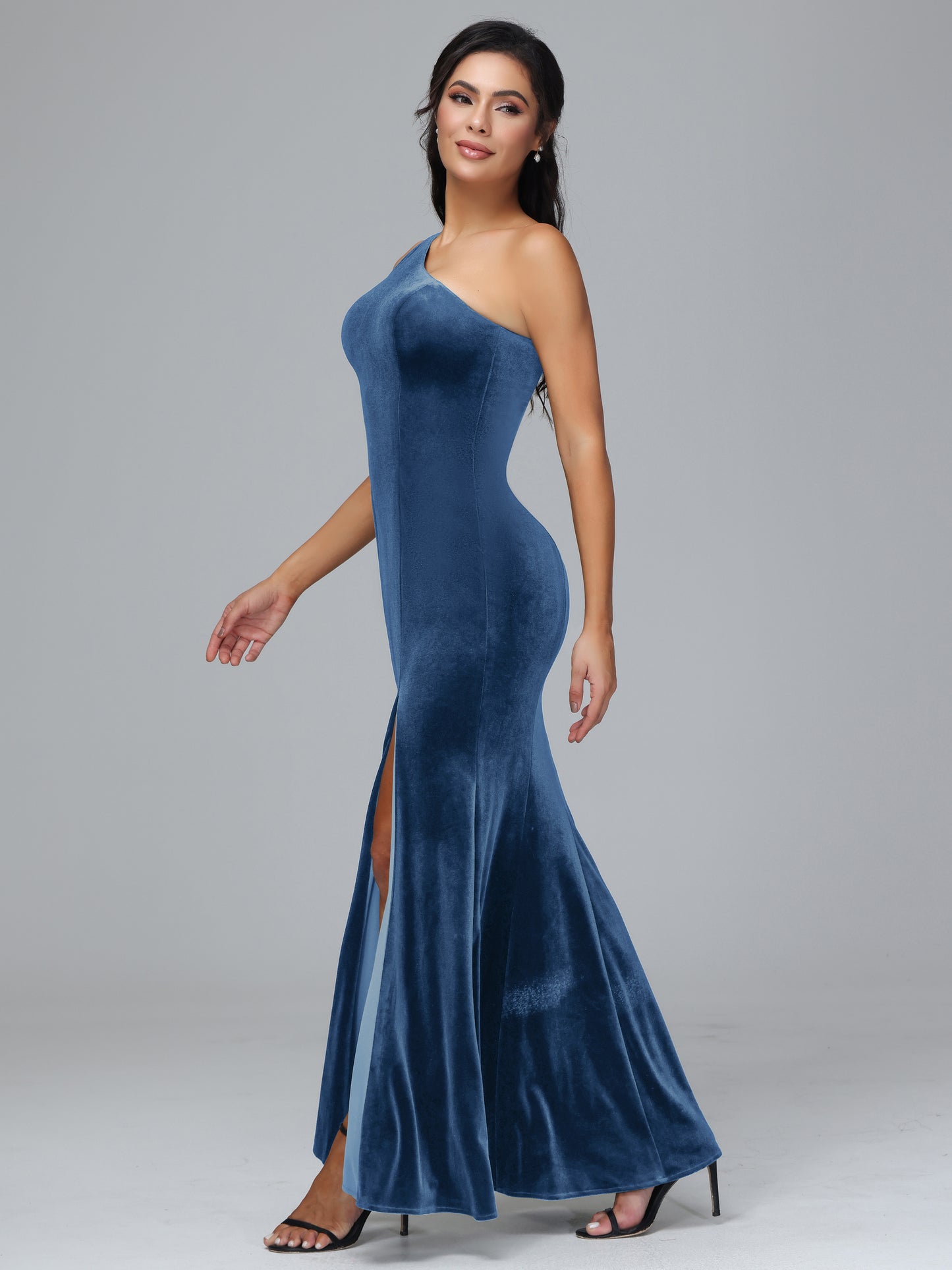 One Shoulder Velvet Bridesmaid Dress With Slit