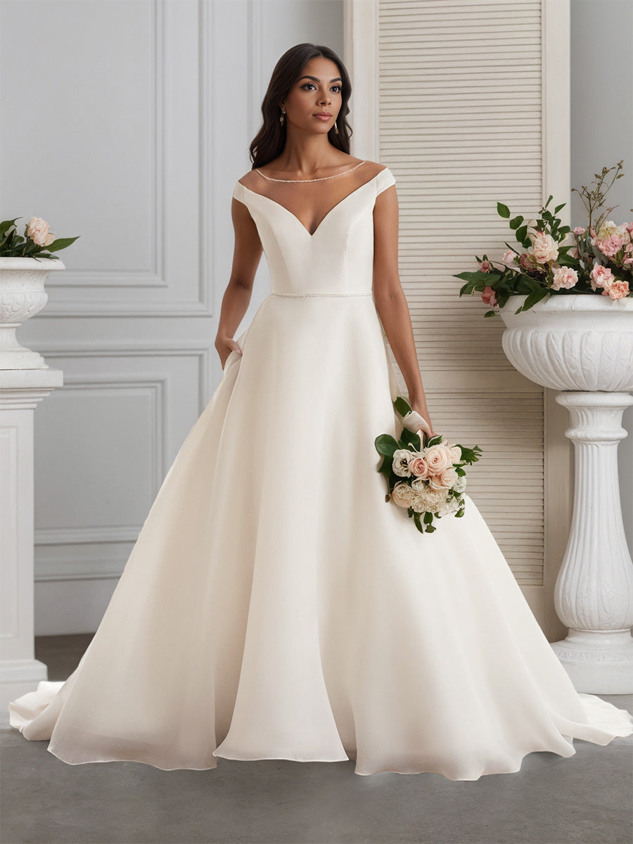 Illusion Neck Cap Sleeve A line Ivory Wedding Dress with Sweep Train
