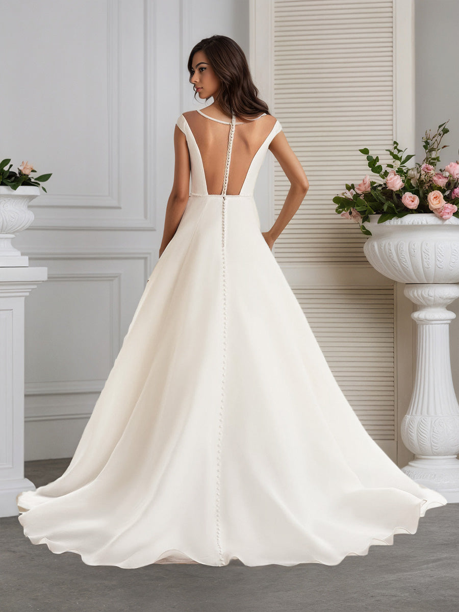 Illusion Neck Cap Sleeve A line Ivory Wedding Dress with Sweep Train