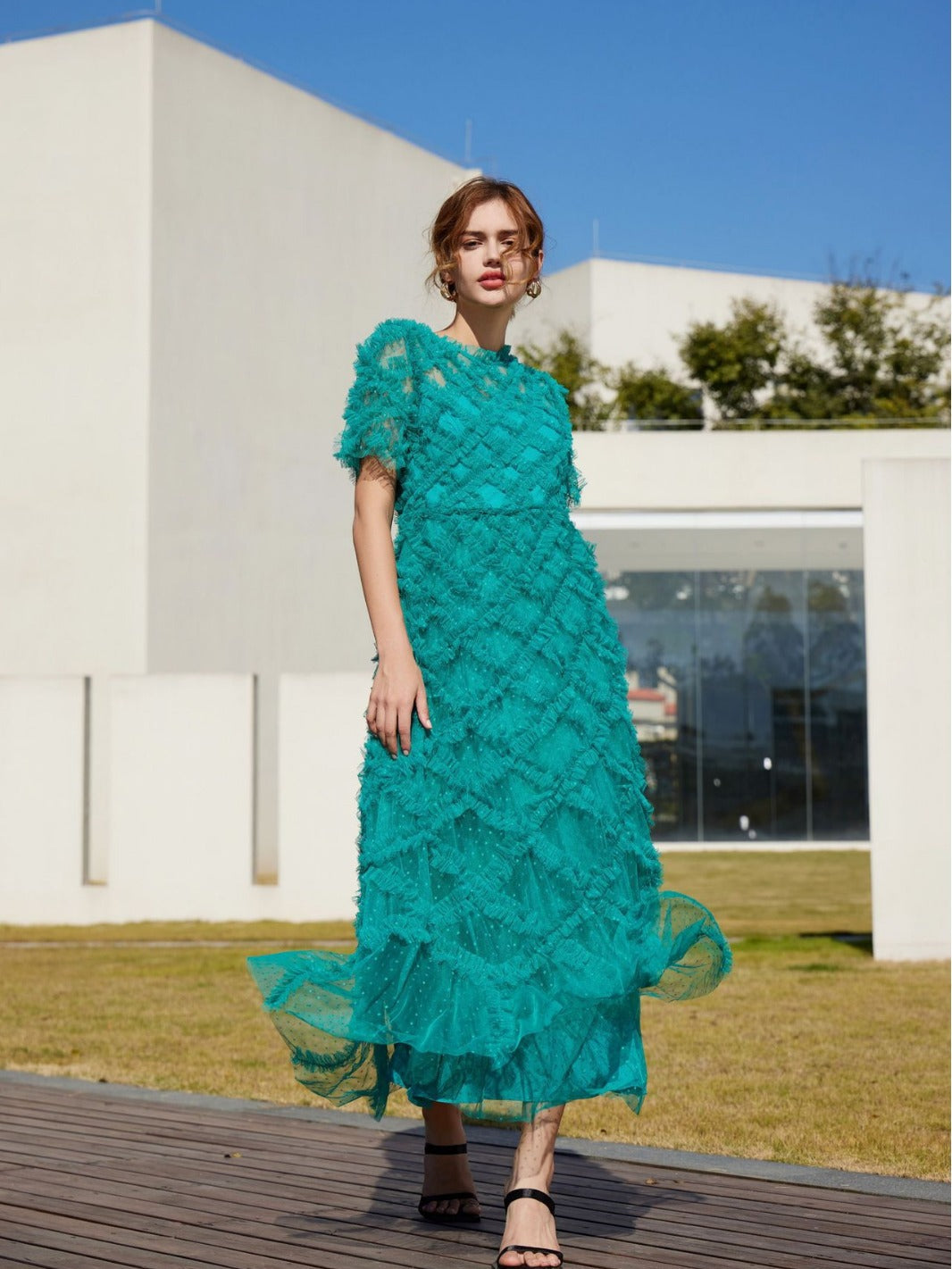Peacock Round Neck Short Sleeve Polka Dot Tulle Maxi Formal Dress Peacock Round Neck Short Sleeve Polka Dot Tulle Maxi Formal Dress