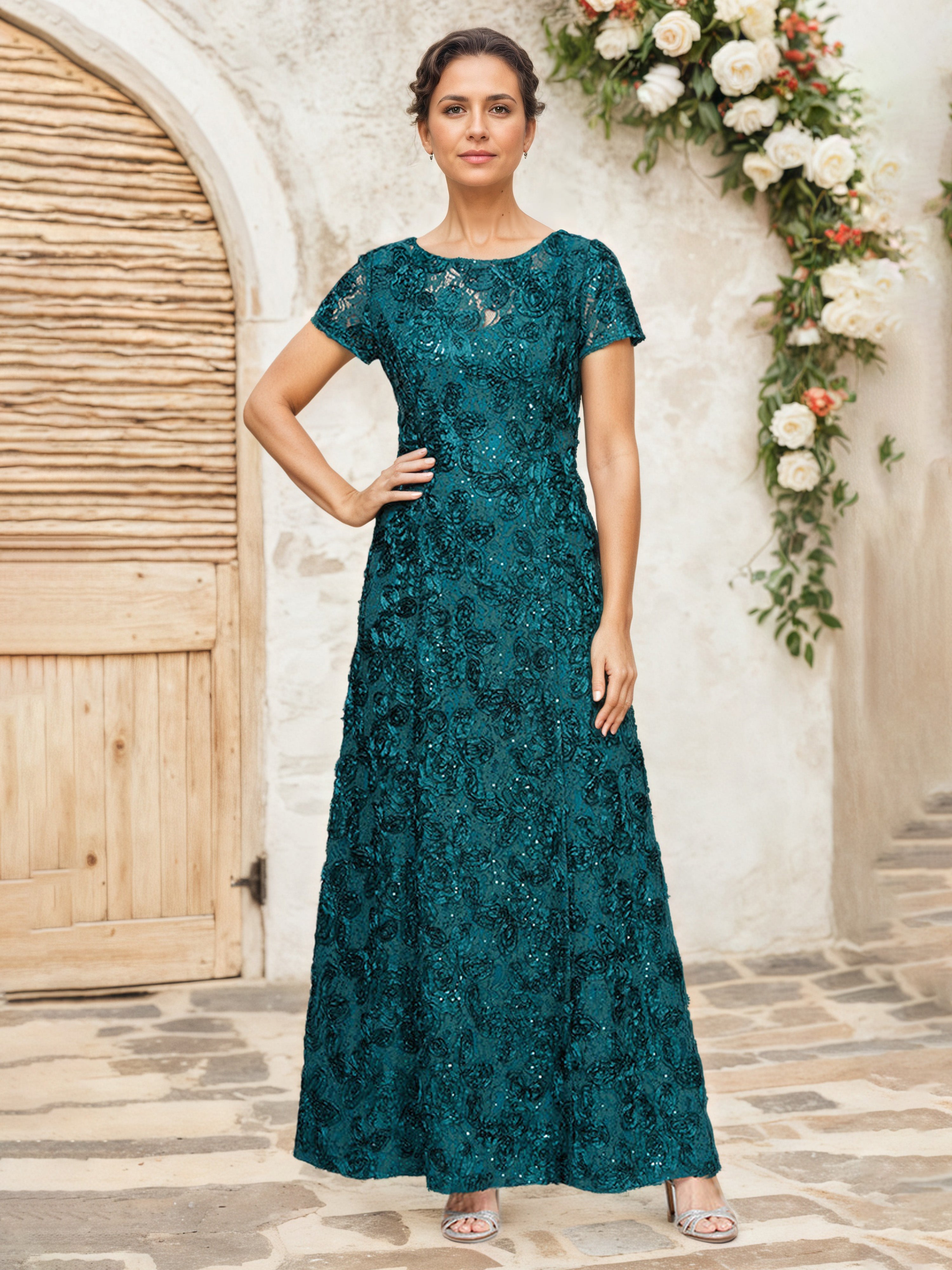 Peacock A-Line Short Sleeves Lace Appliques Sequins Maxi Mother Of The Peacock A-Line Short Sleeves Lace Appliques Sequins Maxi Mother Of The