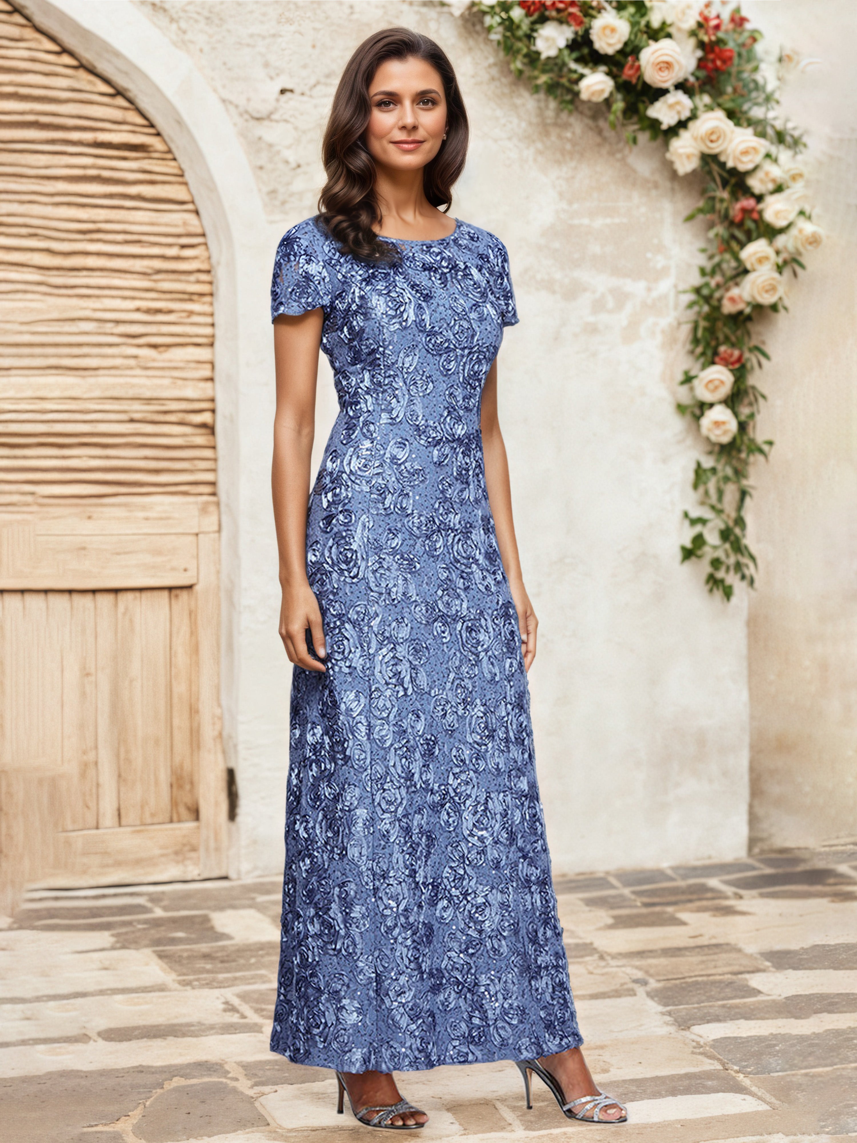 Periwinkle A-Line Short Sleeves Lace Appliques Sequins Maxi Mother Of Periwinkle A-Line Short Sleeves Lace Appliques Sequins Maxi Mother Of