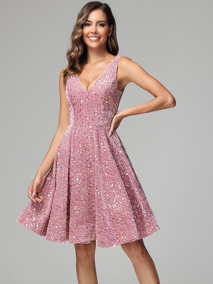 Pink A Line V-neck Short Sequins Homecoming Dress Pink A Line V-neck Short Sequins Homecoming Dress