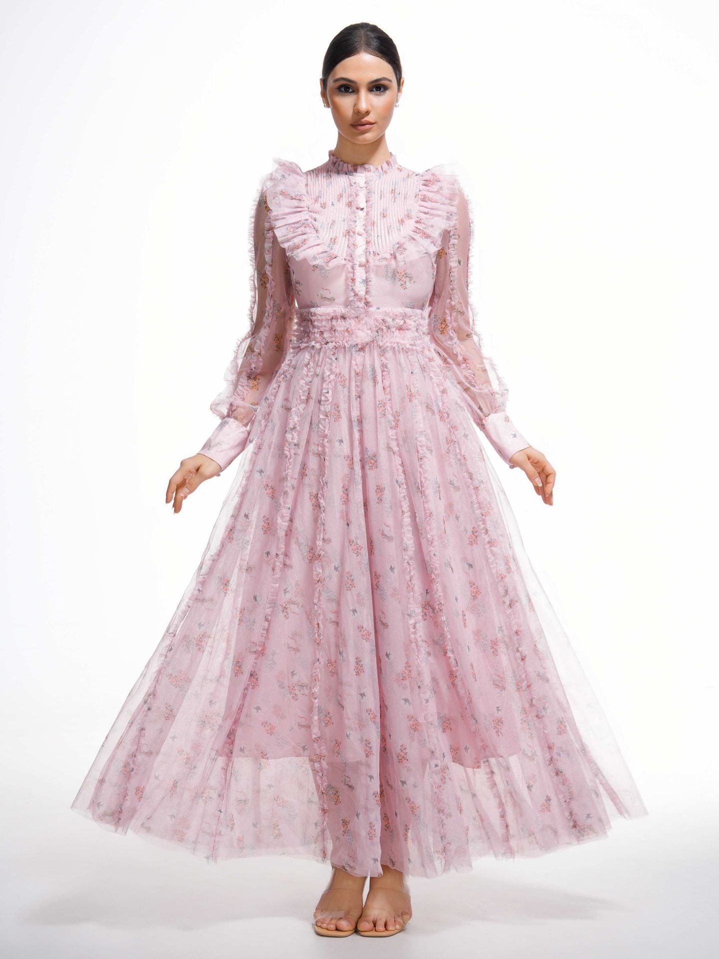 Pink Elegant Ruffled Long Sleeve Floral Maxi Formal Dress, Pink / L Pink Elegant Ruffled Long Sleeve Floral Maxi Formal Dress, Pink / L