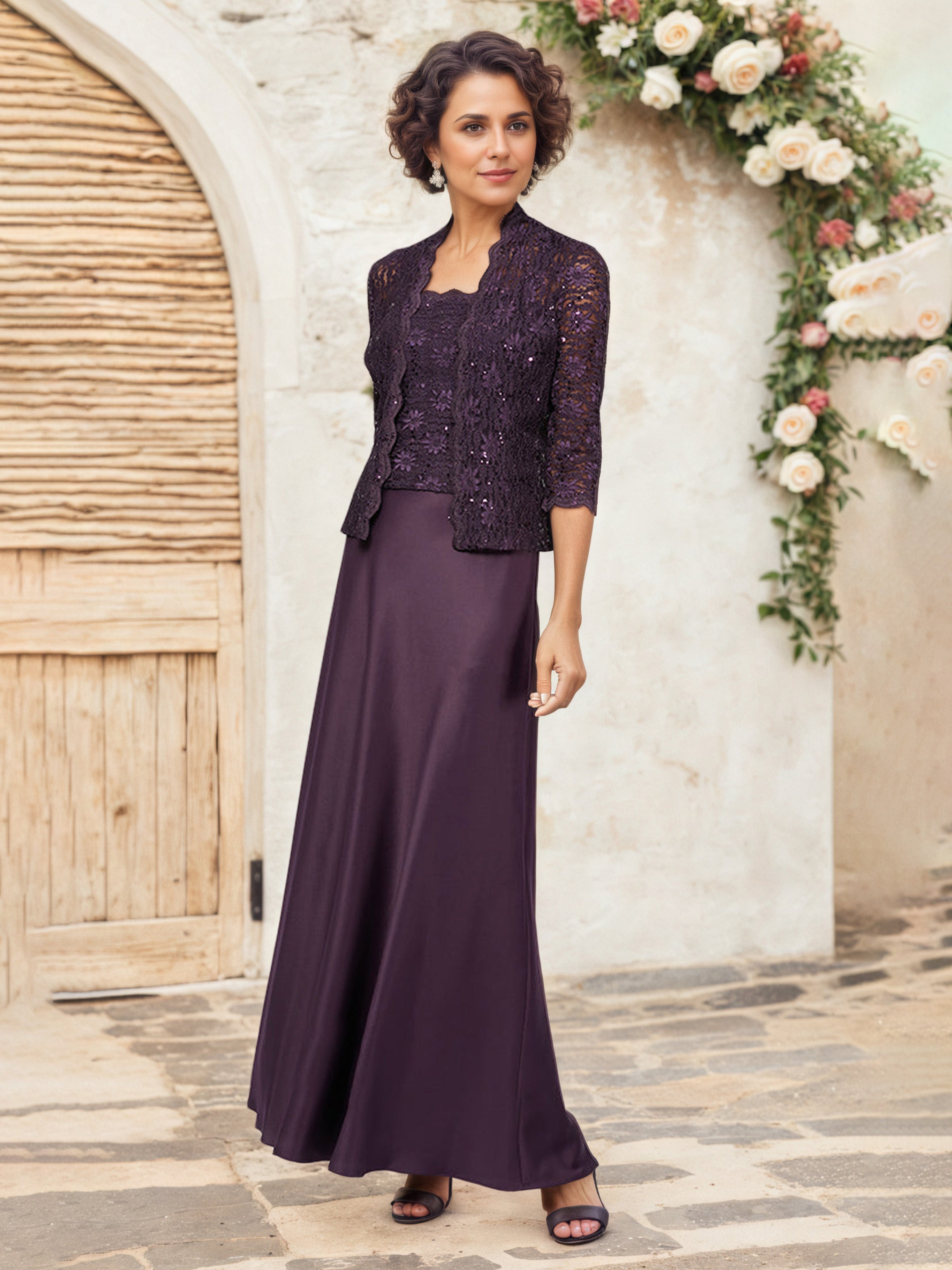 Plum Mother Of The Bride Dress A Line Lace Bodice Satin Dress with 3/4