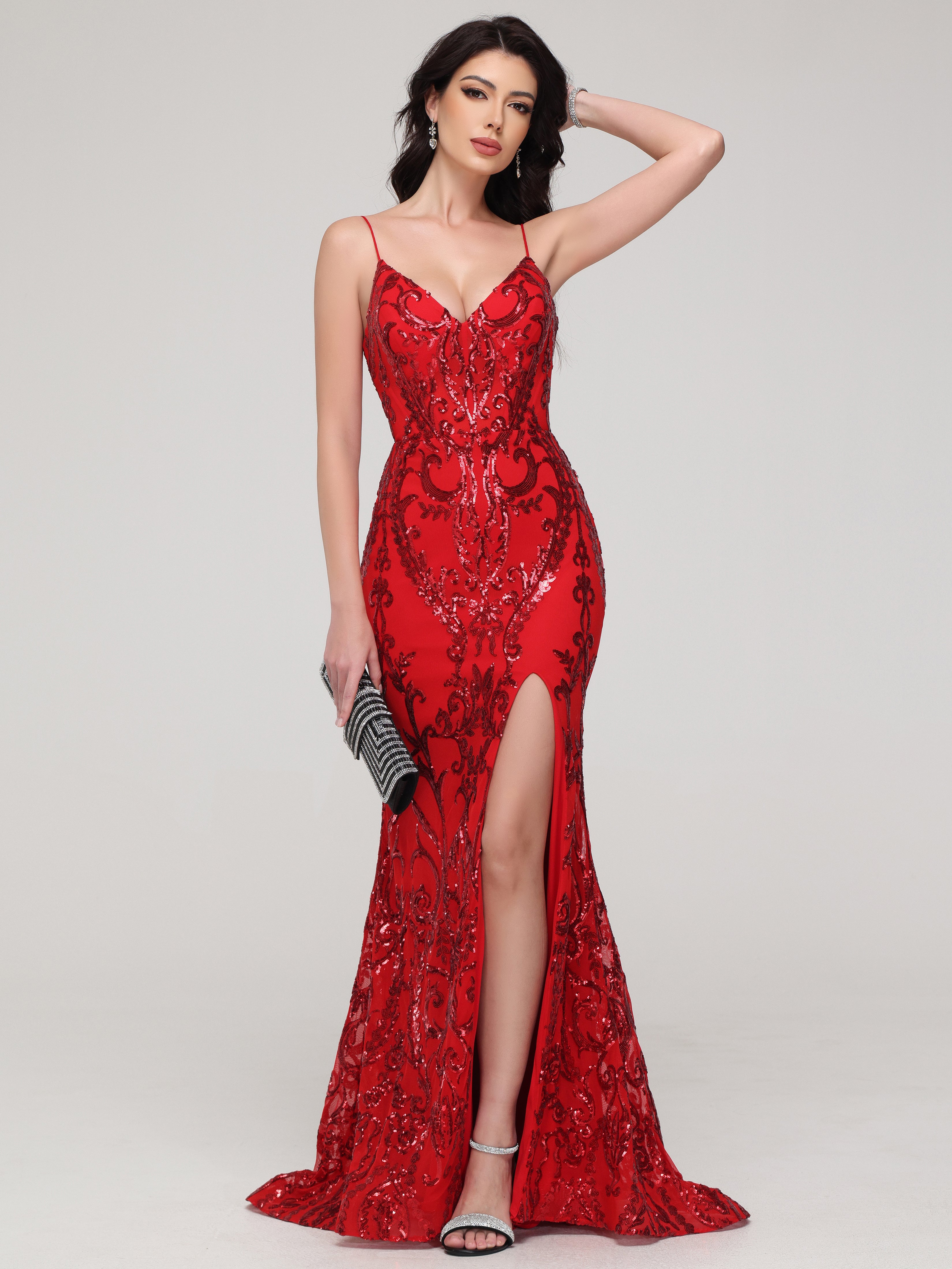 Red Spaghetti Straps Evening Dress Formal V-neck Lace Prom Dress Red Spaghetti Straps Evening Dress Formal V-neck Lace Prom Dress