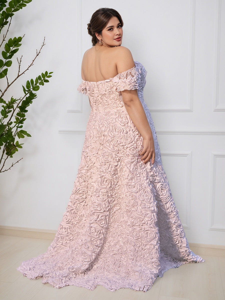 Lovely Off The Shoulder 3D Light Satin Rosettes Long Plus Size Prom Dress