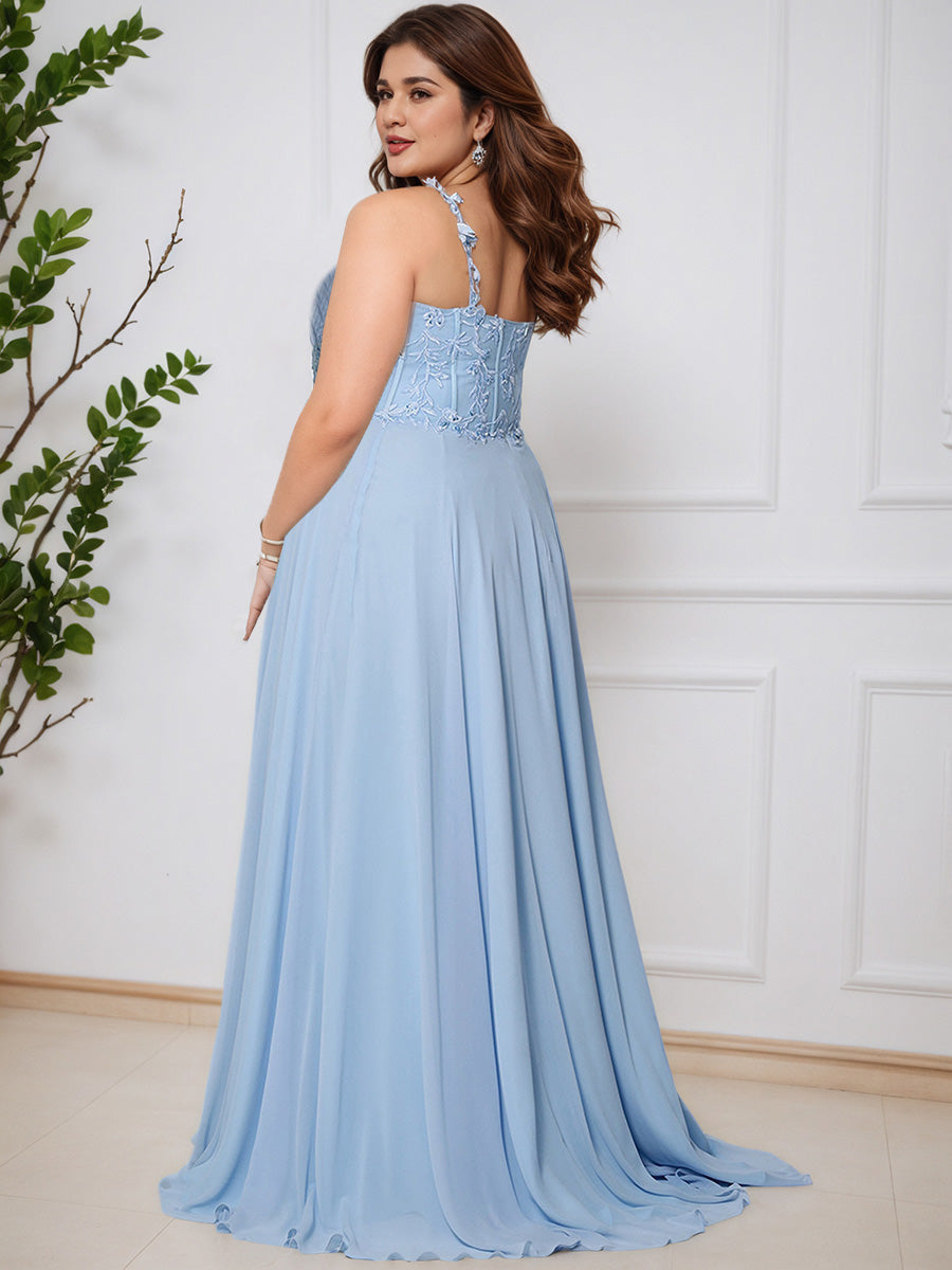 Elegant Sky Blue Lace Chiffon Sleeveless A-line Long Plus Size Prom Dress