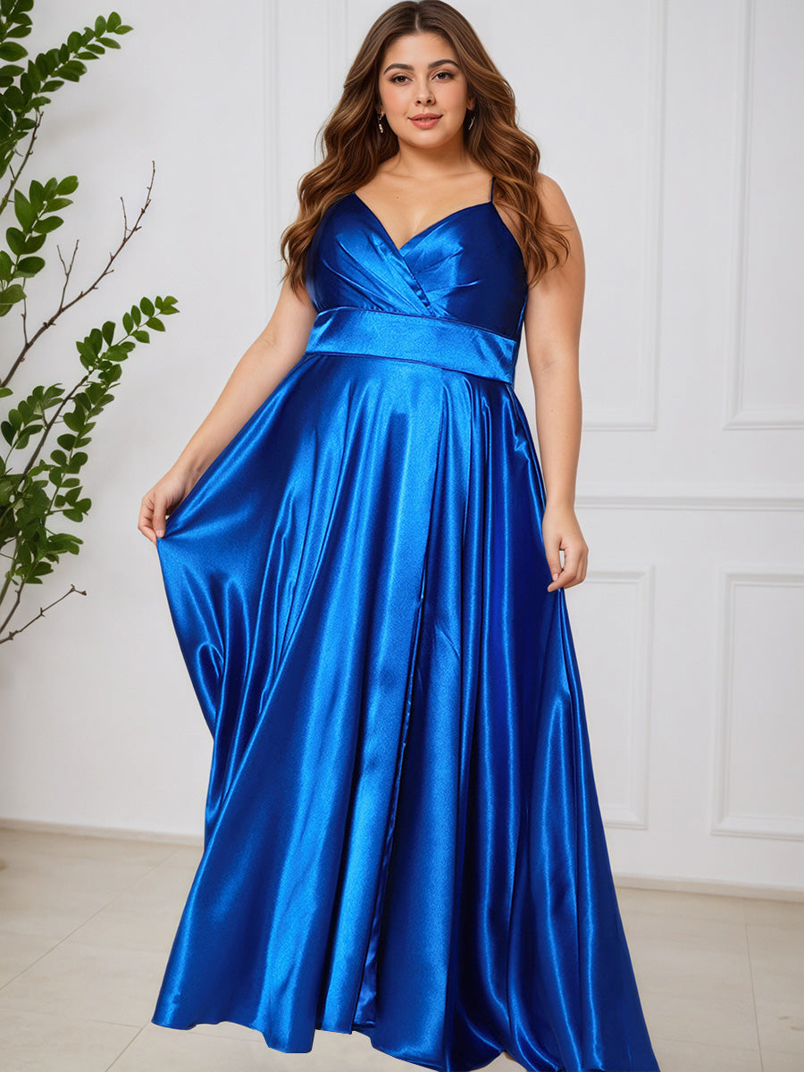 Royal Blue V-neck Split Soft Satin Long Plus Size Prom Dress