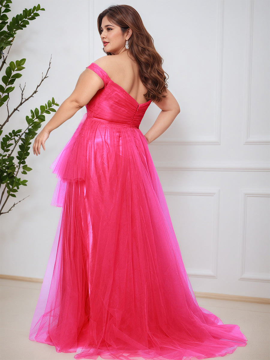 Flowy Off The Shoulder Tulle Split Long Plus Size Prom Dress