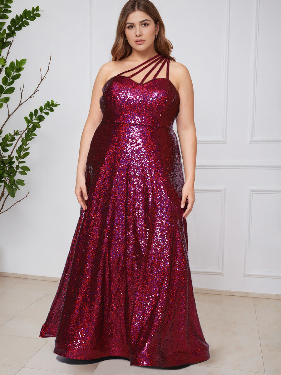 Floor Length One Shoulder Sequins Long Plus Size Prom Dress