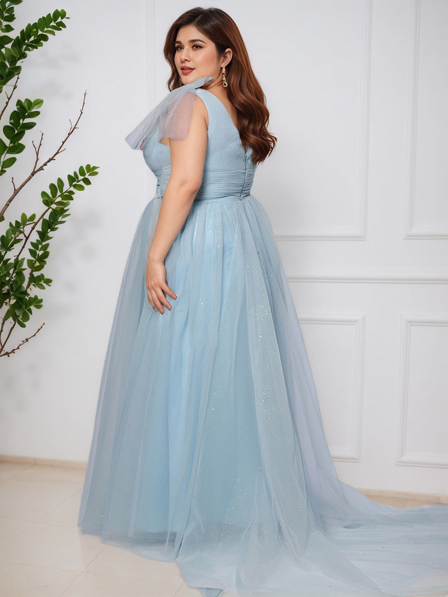 Beautiful Sky Blue Long Shiny Tulle Flowy Plus Size Prom Dress
