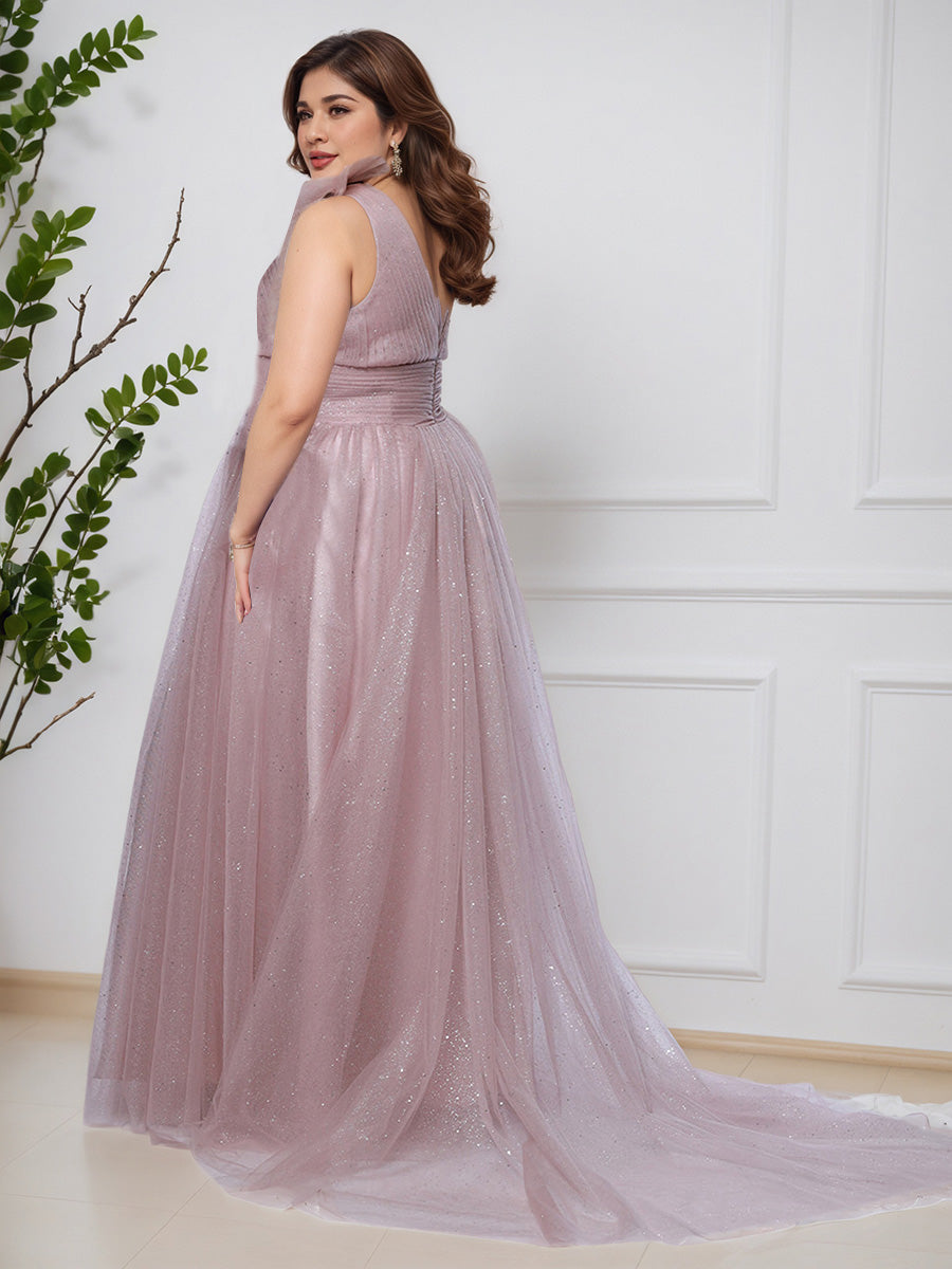 Beautiful Dusty Rose Long Shiny Tulle Flowy Plus Size Prom Dress