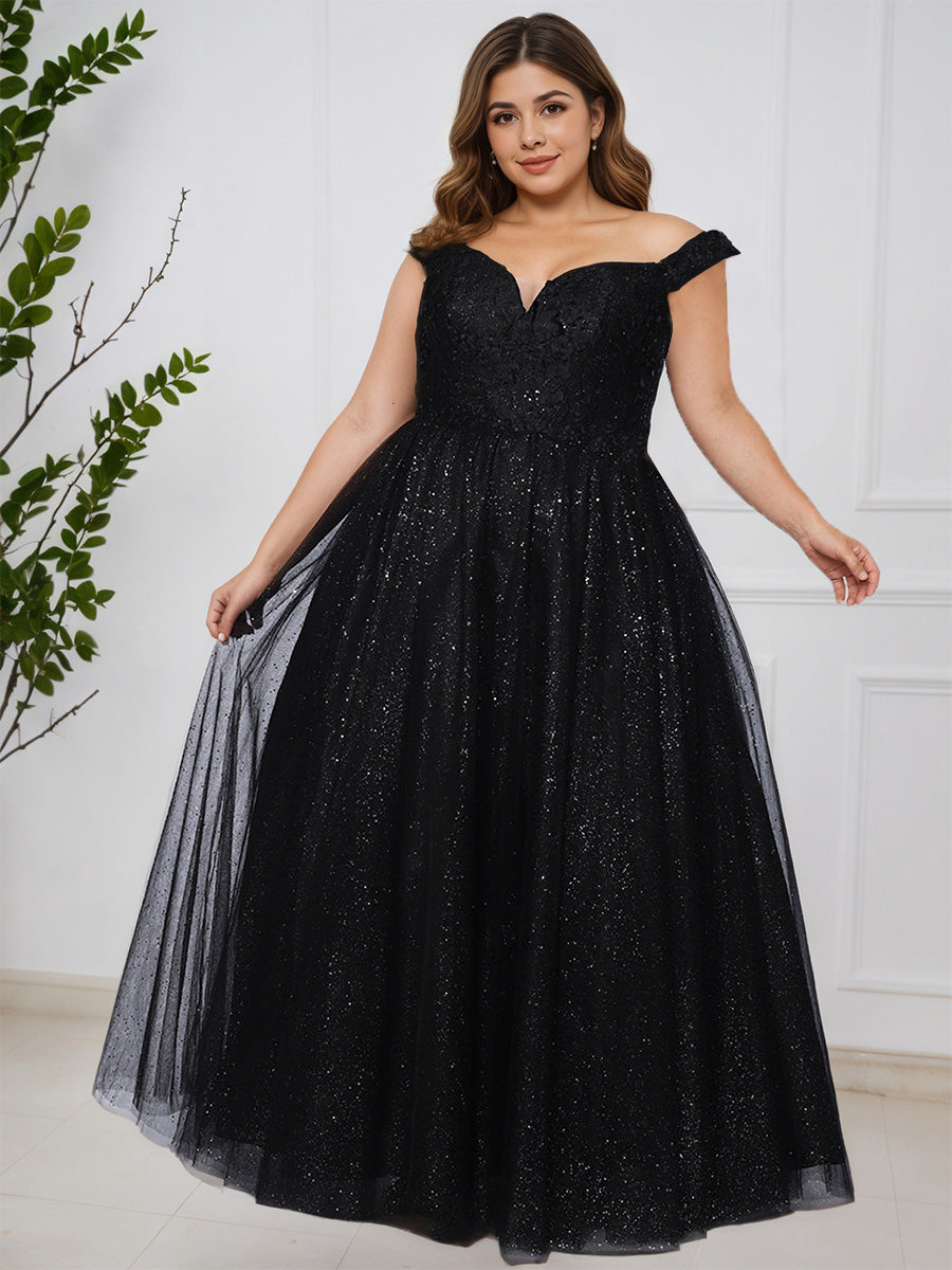 Charming Off The Shoulder Black Long Floor Length Plus Size Prom Dress