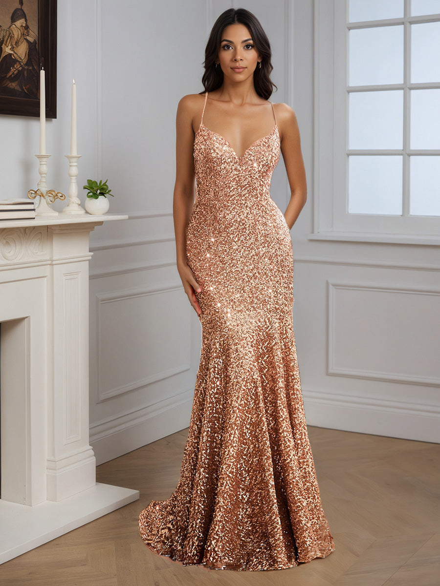Cicinia Champagne Prom Dresses Sequins Spaghetti Straps Mermaid V Neck Evening Dresses Cicinia Champagne Prom Dresses Sequins Spaghetti Straps Mermaid V Neck Evening Dresses