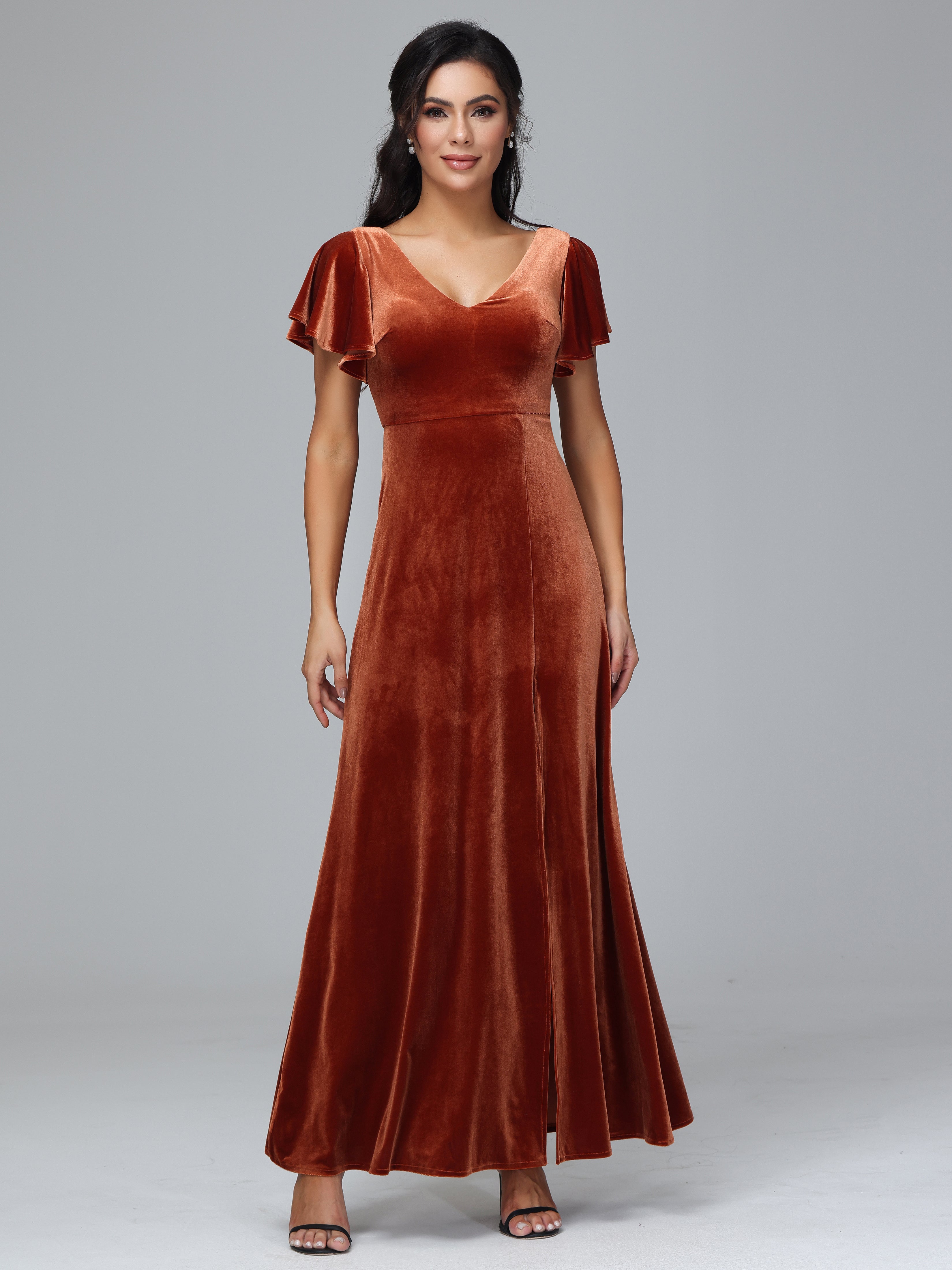 Short Sleeves Velvet Mother of the Bride Dress With Slit, Burnt_Orange Short Sleeves Velvet Mother of the Bride Dress With Slit, Burnt_Orange