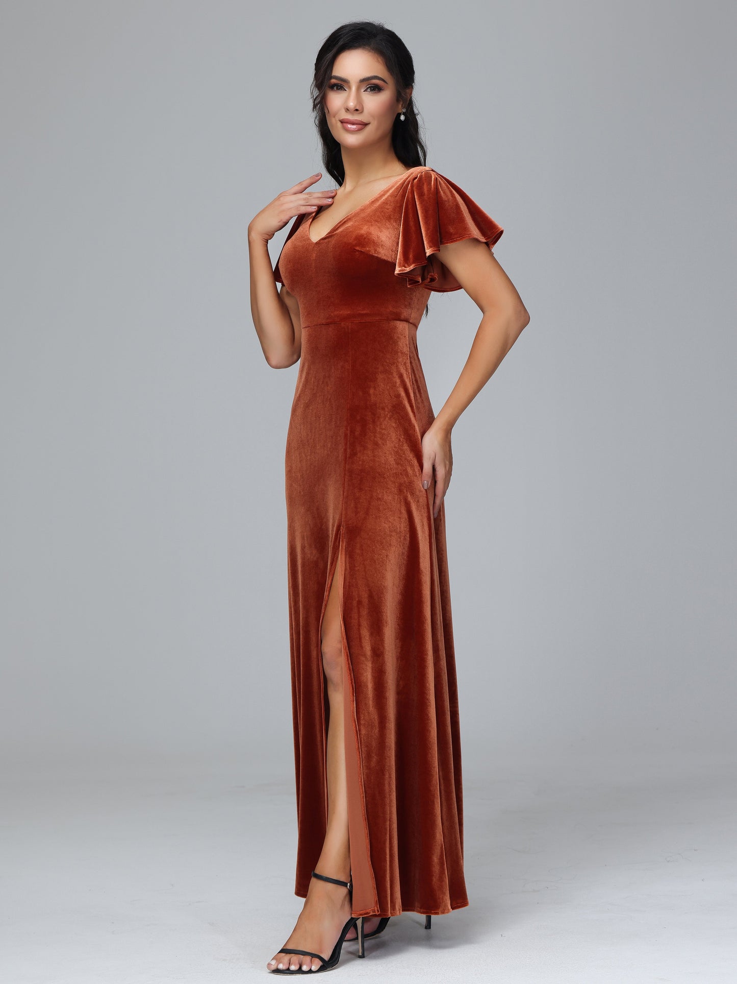Short Sleeves Plus Size Velvet Bridesmaid Dress With Slit