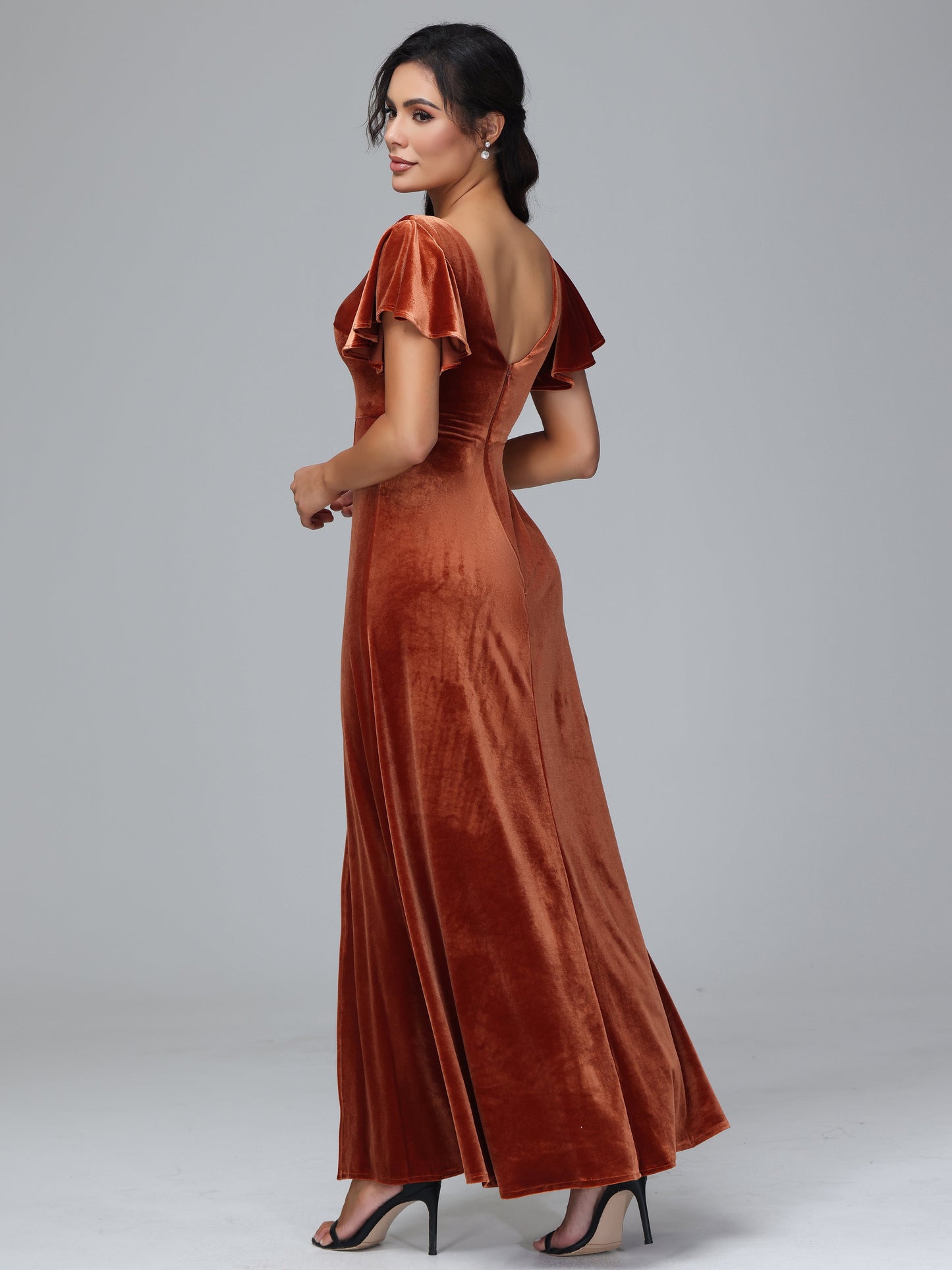 Short Sleeves Plus Size Velvet Bridesmaid Dress With Slit