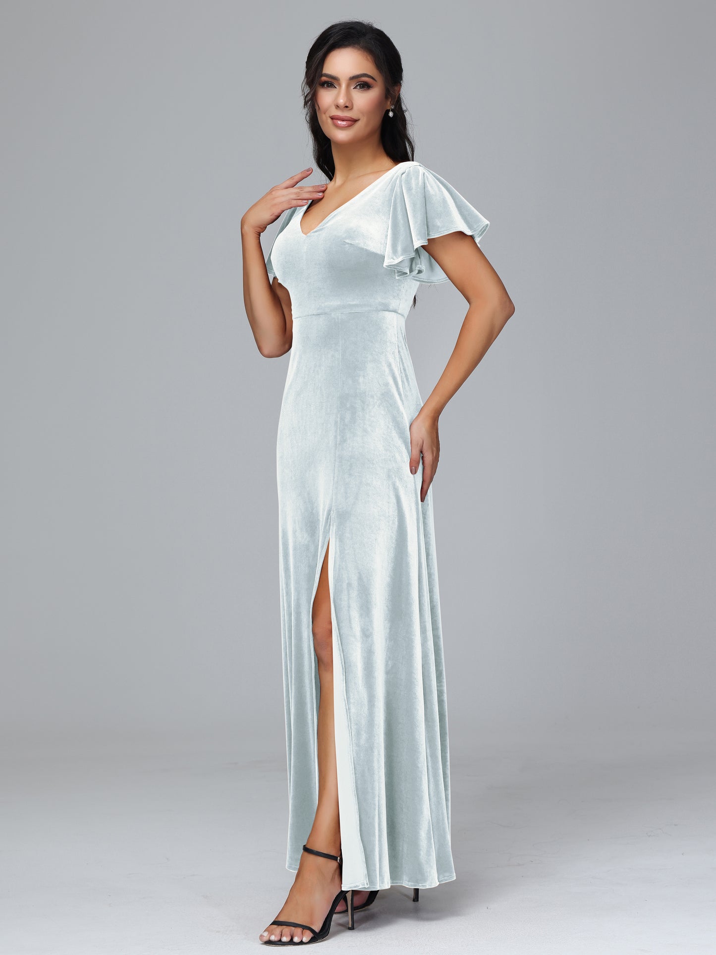 Short Sleeves Velvet Bridesmaid Dress With Slit