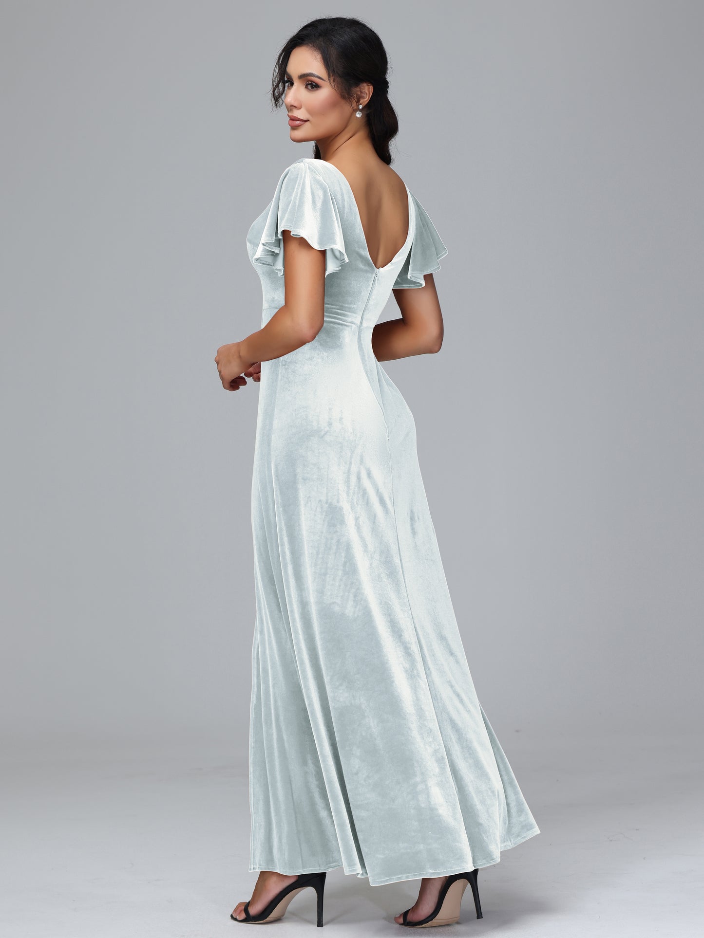 Short Sleeves Velvet Bridesmaid Dress With Slit