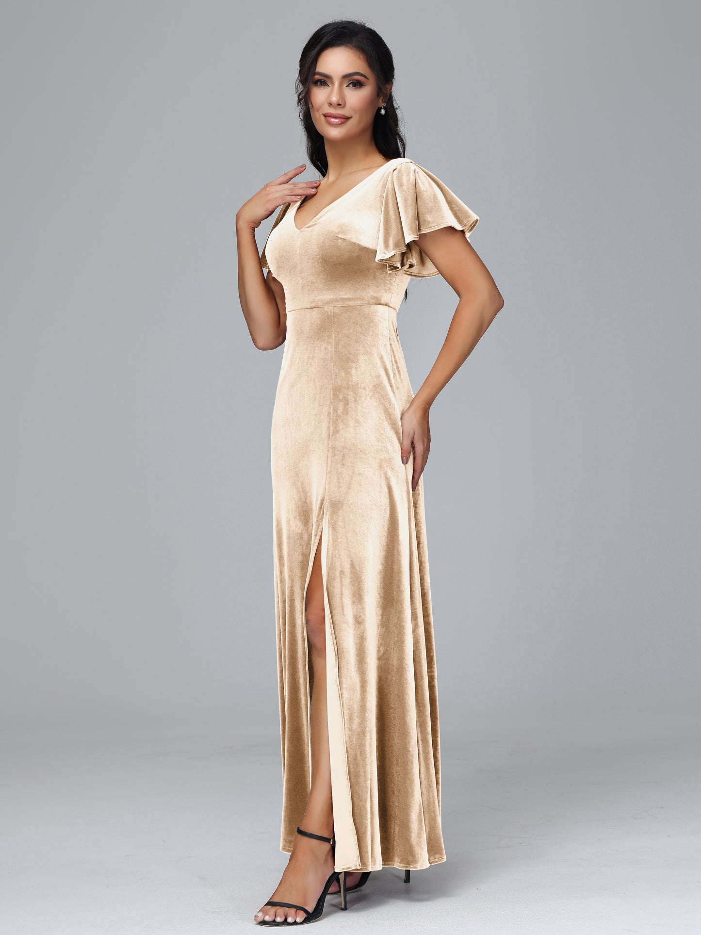 Short Sleeves Velvet Bridesmaid Dress With Slit