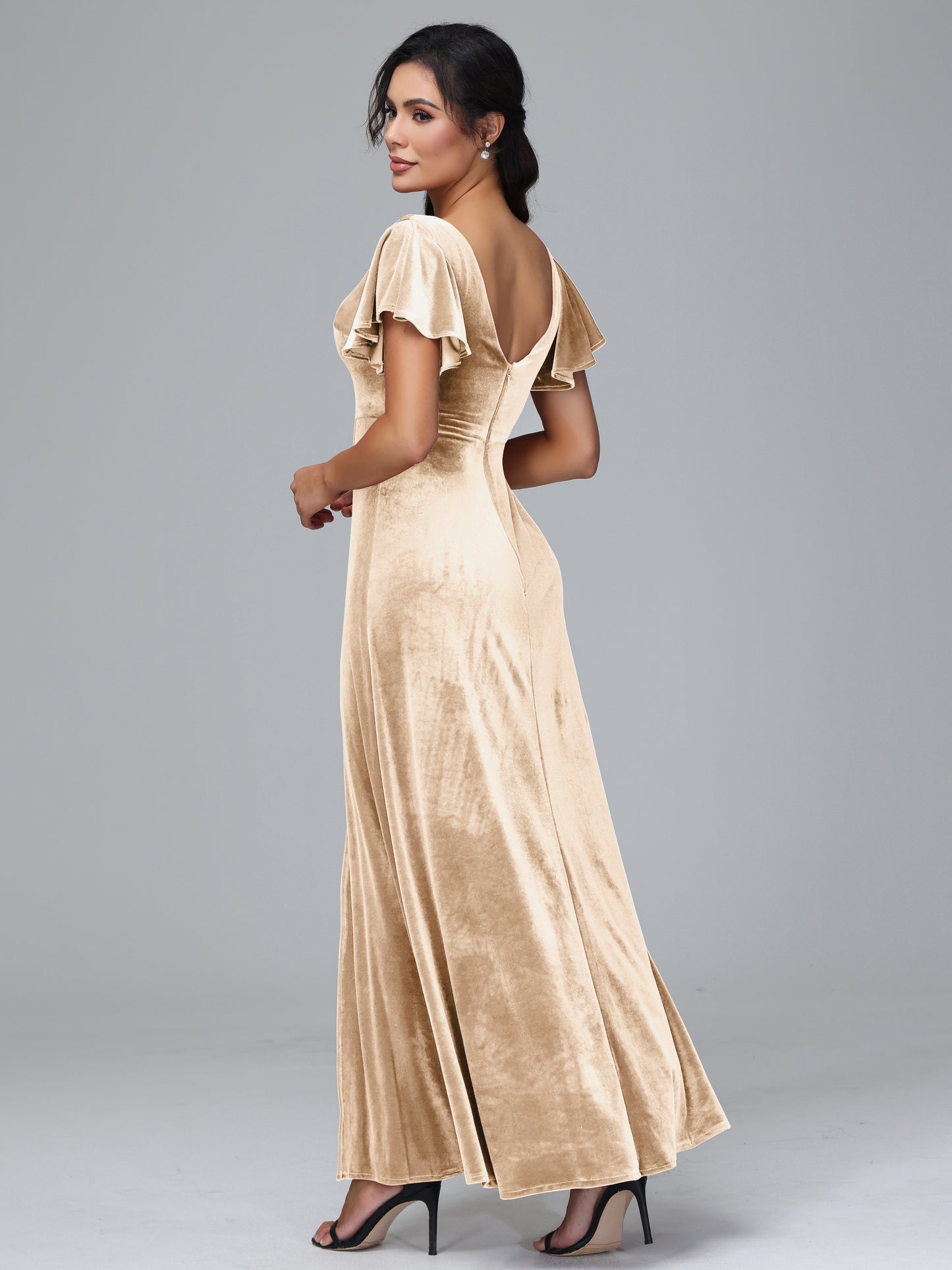 Short Sleeves Plus Size Velvet Bridesmaid Dress With Slit