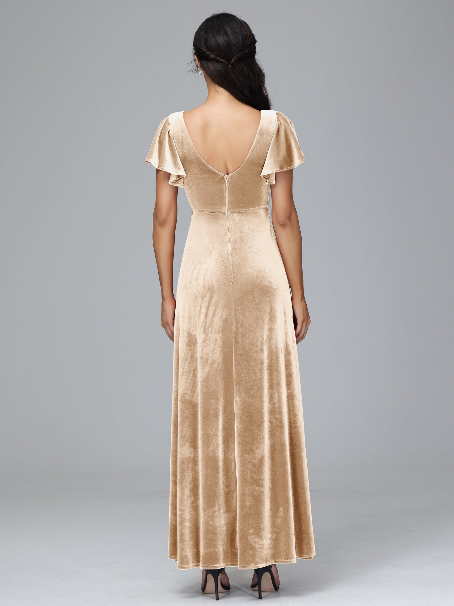 Short Sleeves Plus Size Velvet Bridesmaid Dress With Slit