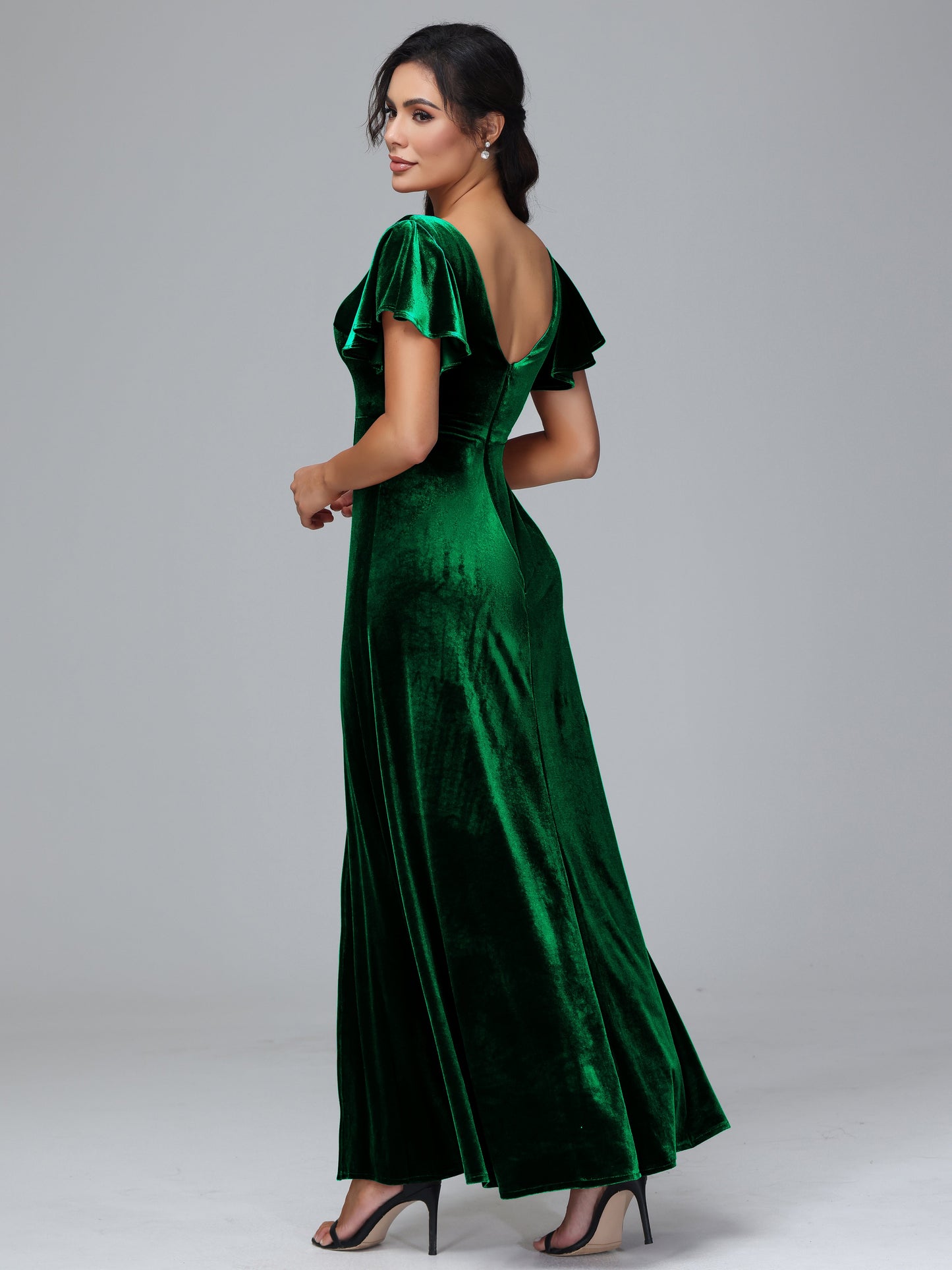 Short Sleeves Plus Size Velvet Bridesmaid Dress With Slit