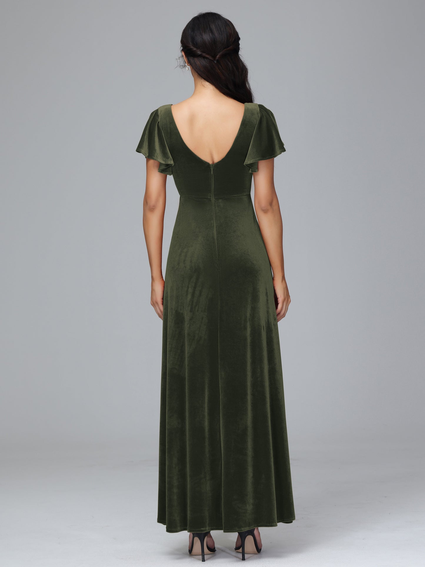 Short Sleeves Plus Size Velvet Bridesmaid Dress With Slit
