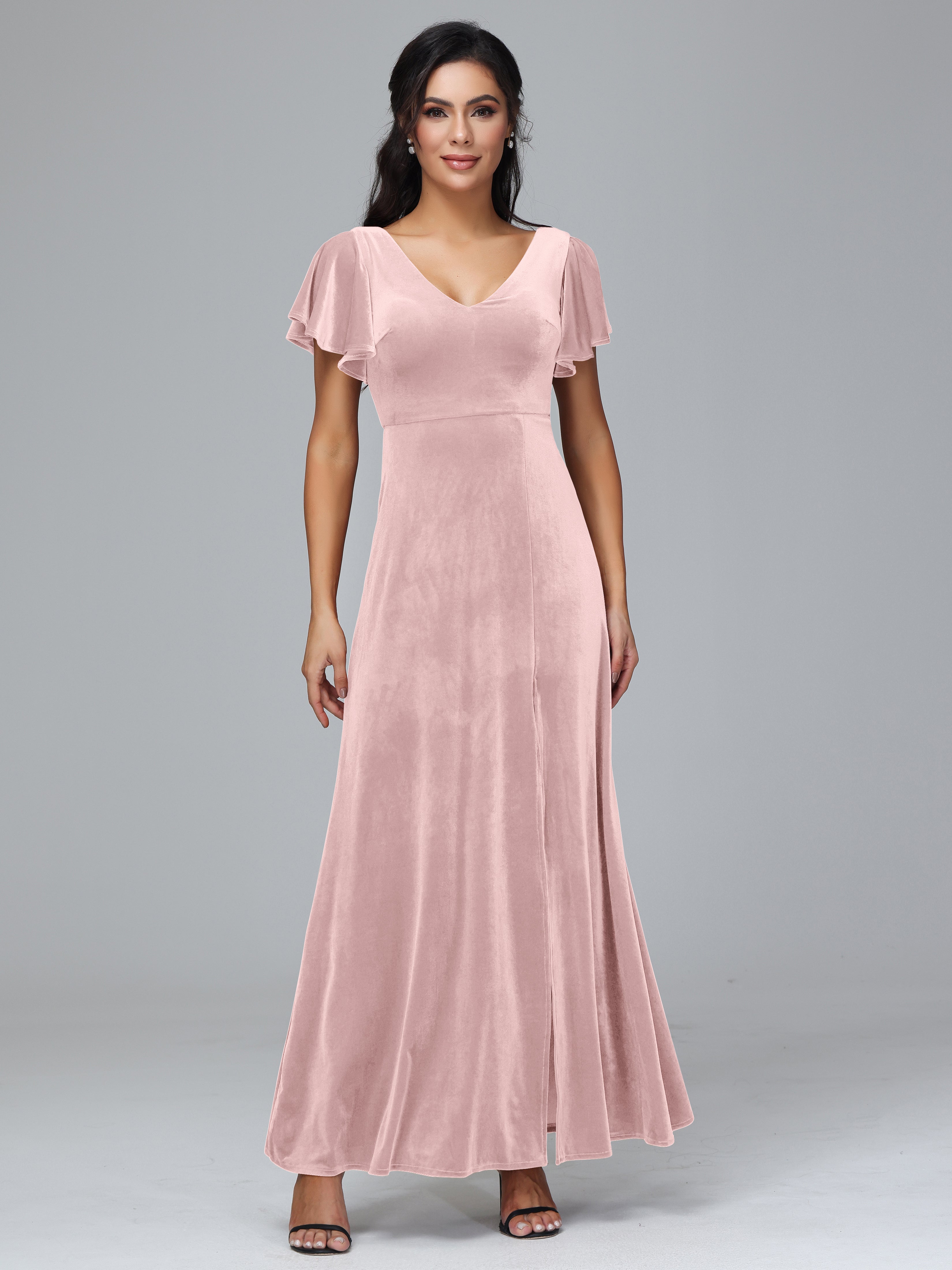 Short Sleeves Velvet Bridesmaid Dress With Slit Short Sleeves Velvet Bridesmaid Dress With Slit