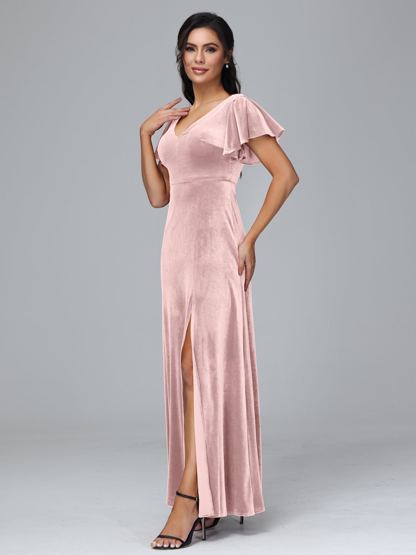 Short Sleeves Velvet Bridesmaid Dress With Slit