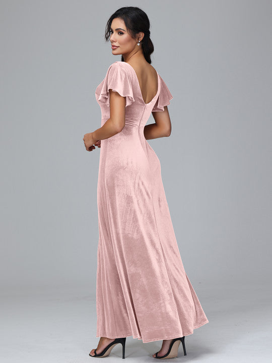 Short Sleeves Plus Size Velvet Bridesmaid Dress With Slit
