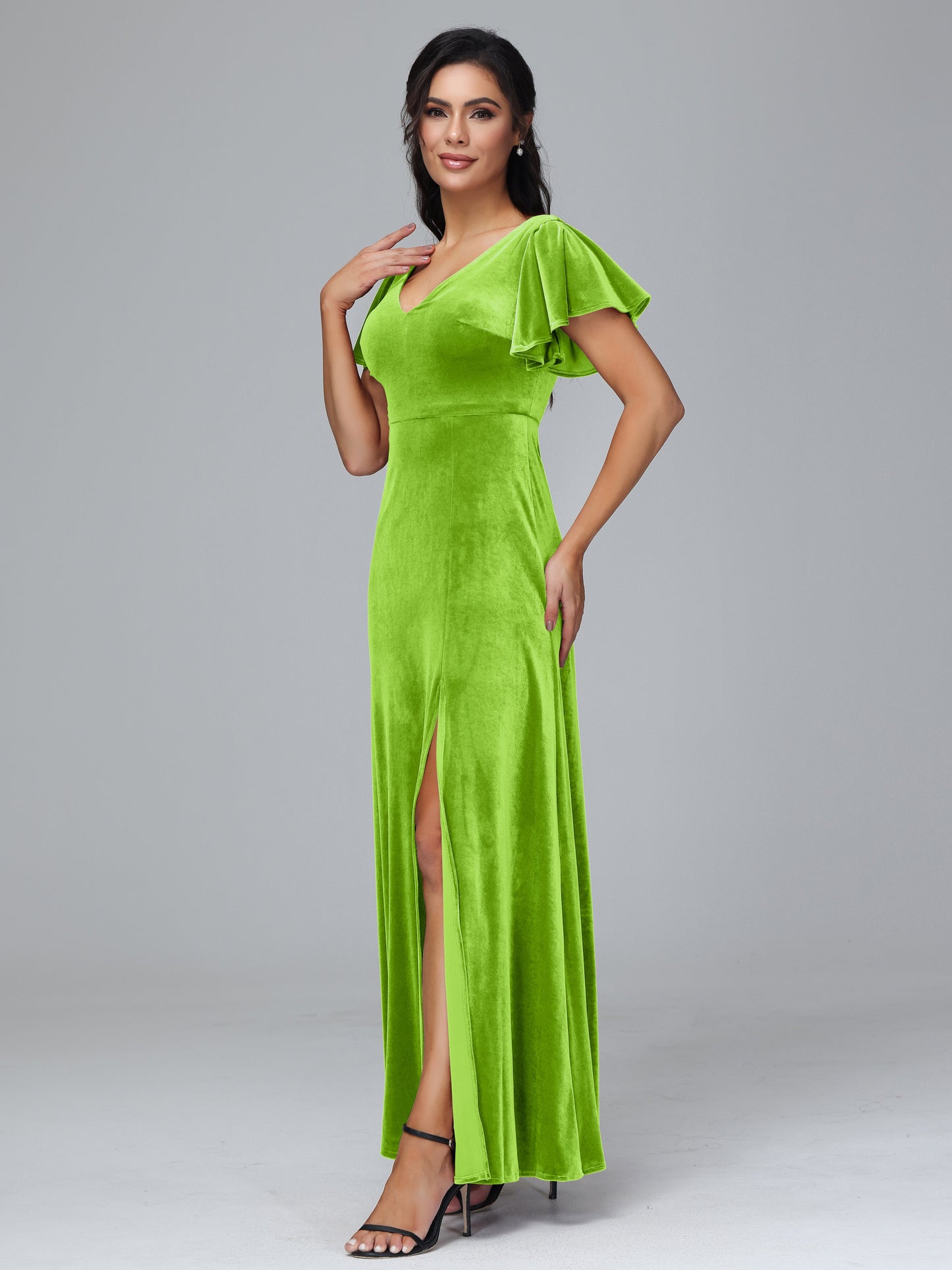 Short Sleeves Plus Size Velvet Bridesmaid Dress With Slit