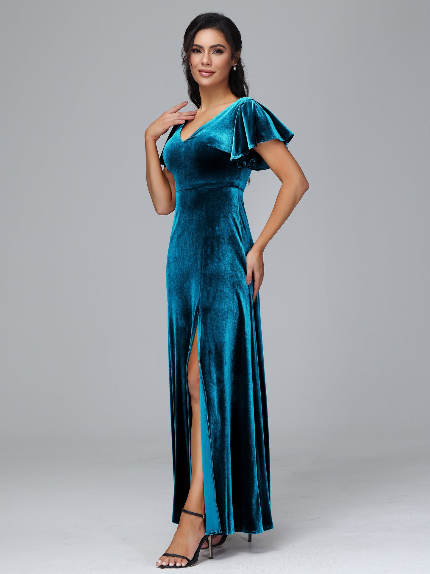 Short Sleeves Plus Size Velvet Bridesmaid Dress With Slit
