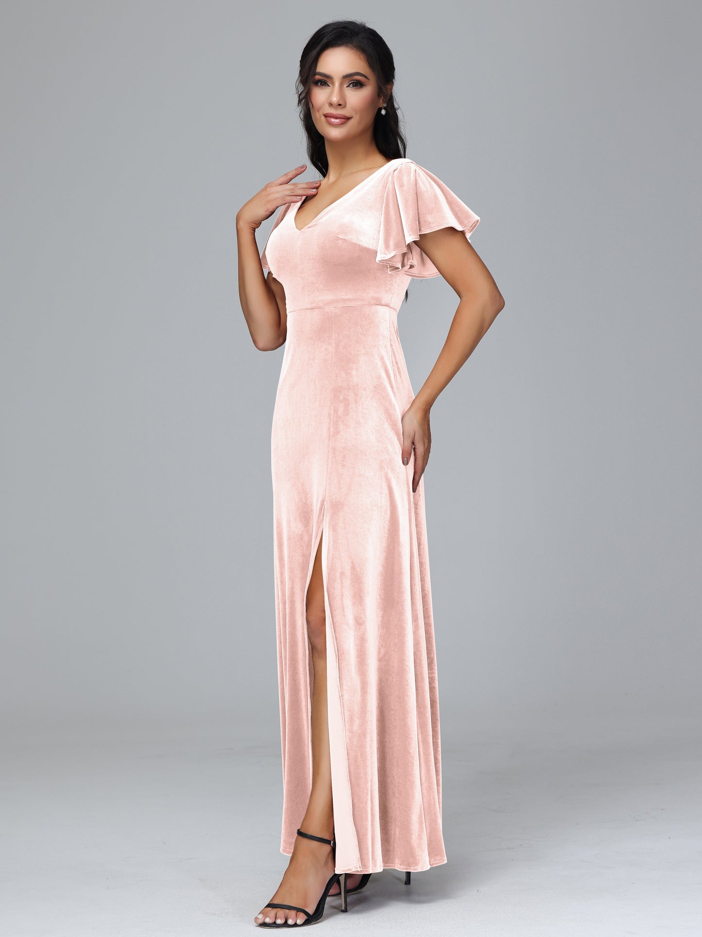 Short Sleeves Plus Size Velvet Bridesmaid Dress With Slit