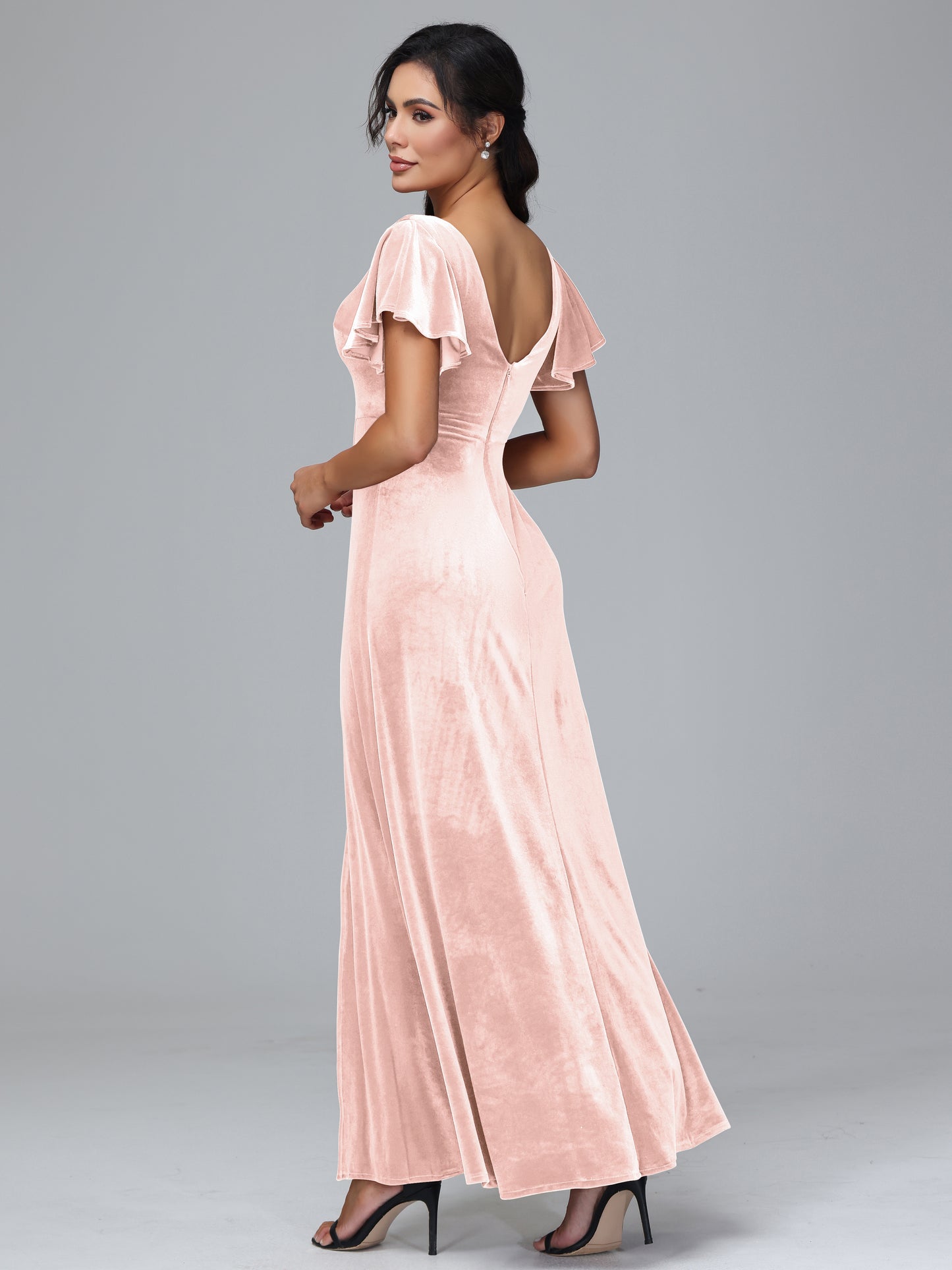 Short Sleeves Velvet Bridesmaid Dress With Slit