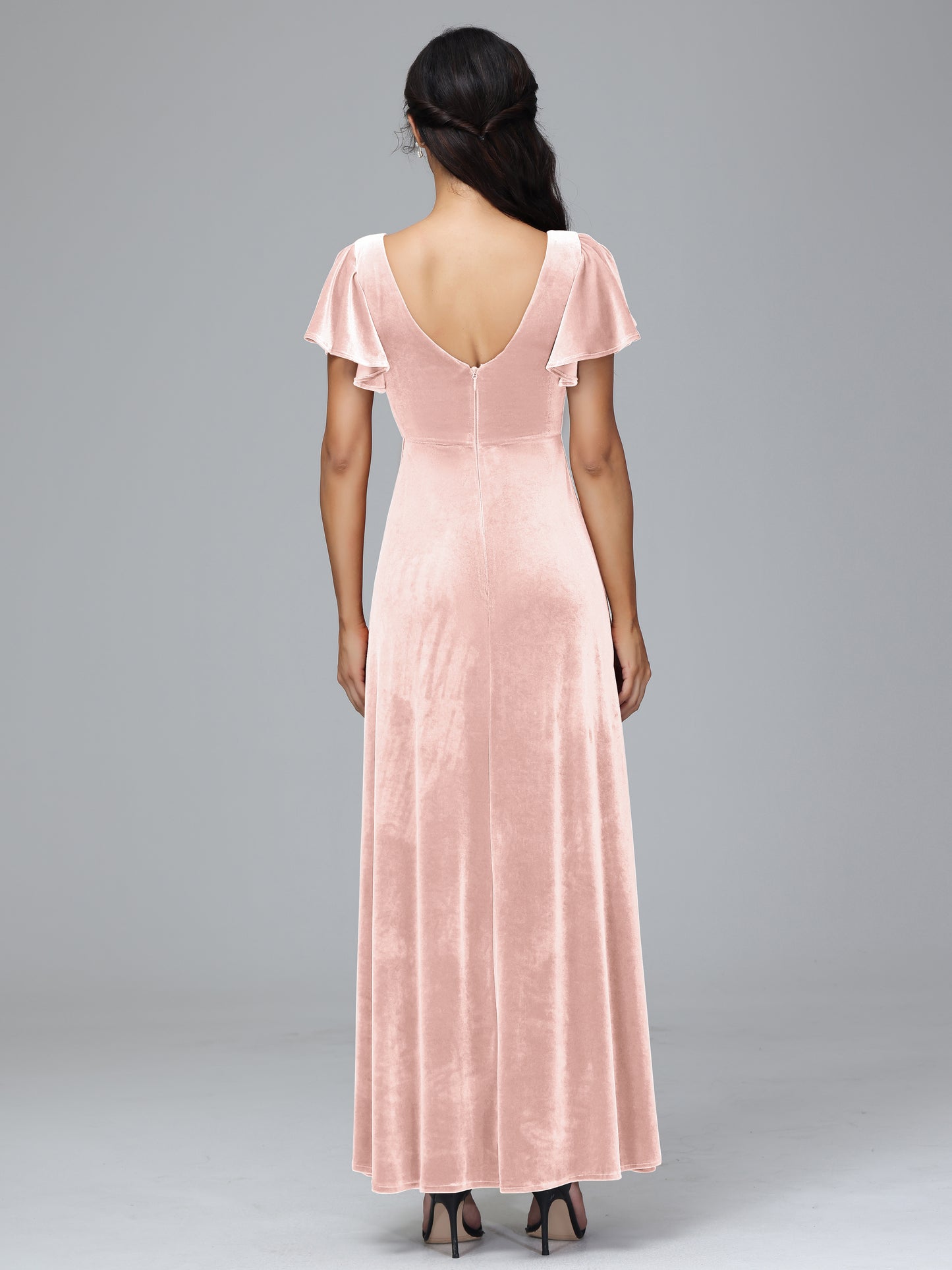Short Sleeves Velvet Bridesmaid Dress With Slit