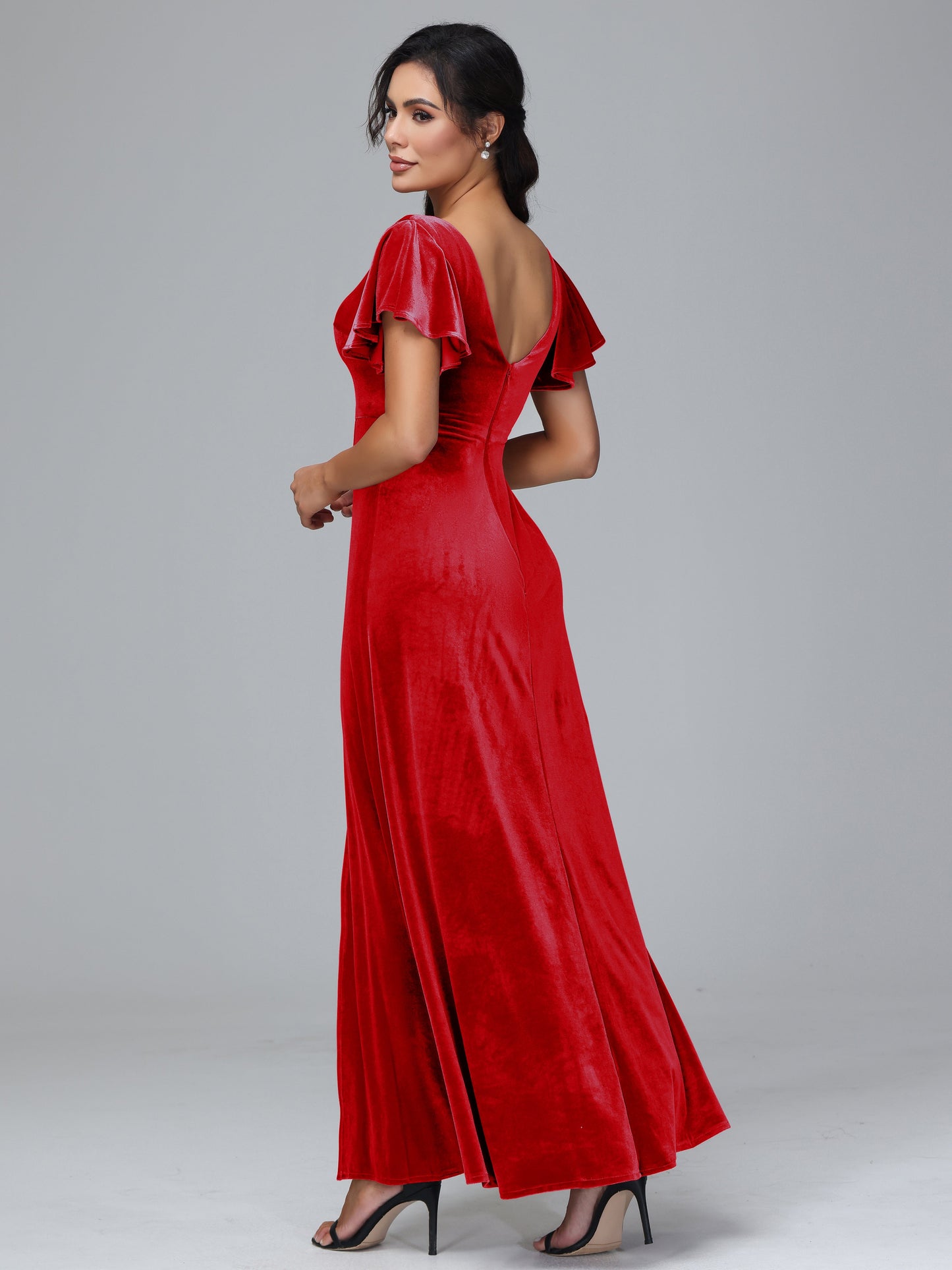 Short Sleeves Plus Size Velvet Bridesmaid Dress With Slit