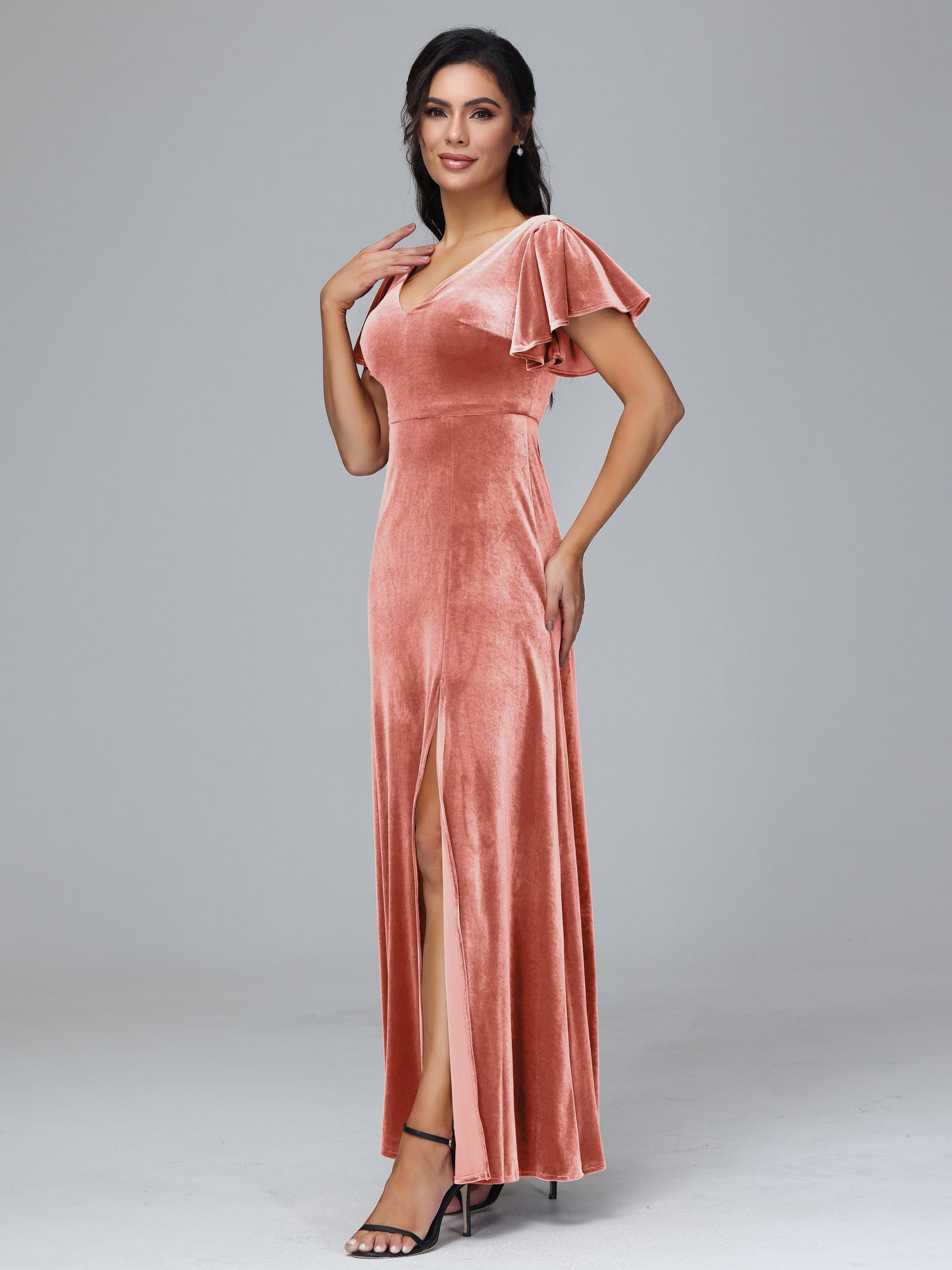 Short Sleeves Plus Size Velvet Bridesmaid Dress With Slit