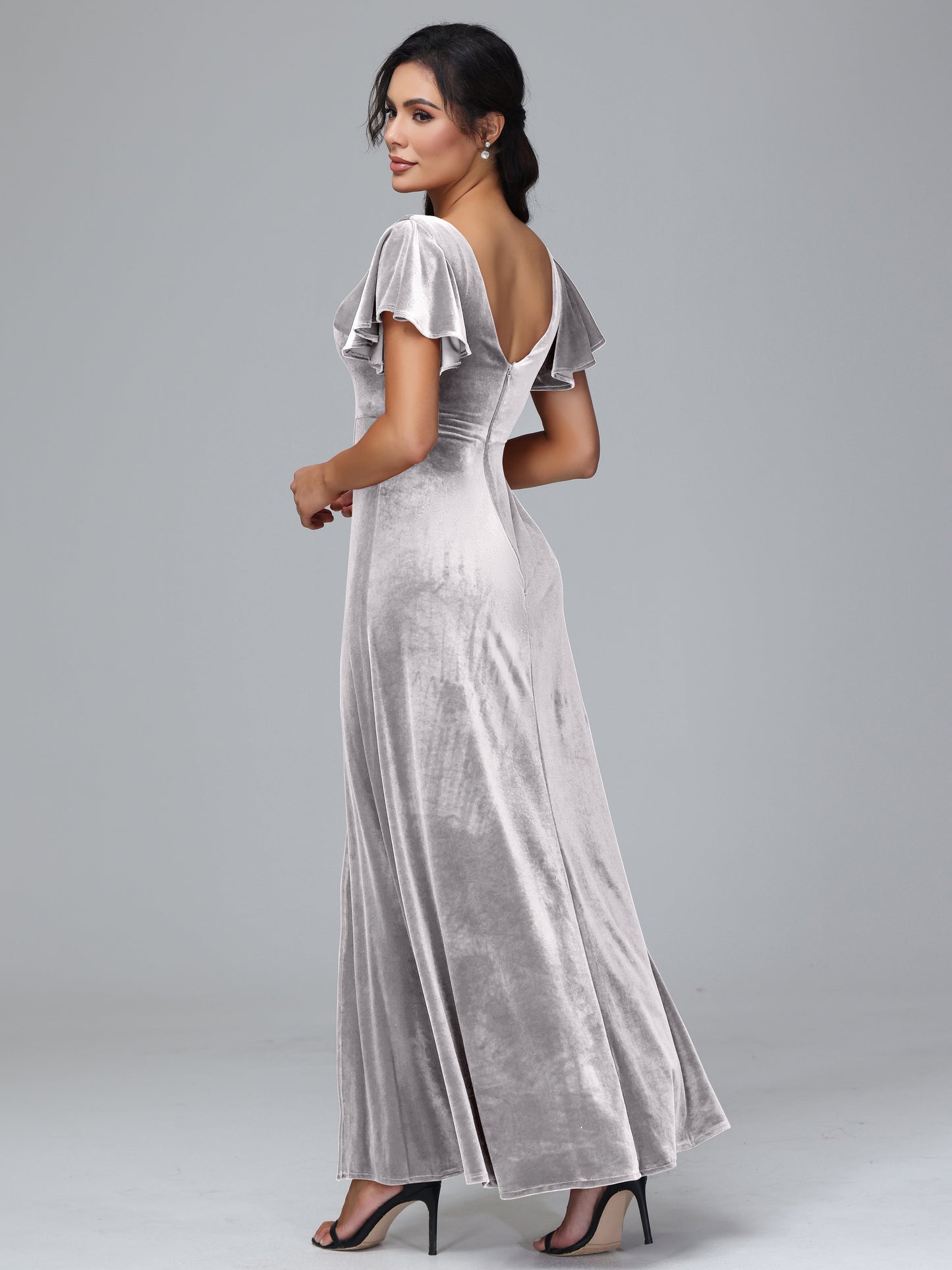 Short Sleeves Plus Size Velvet Bridesmaid Dress With Slit