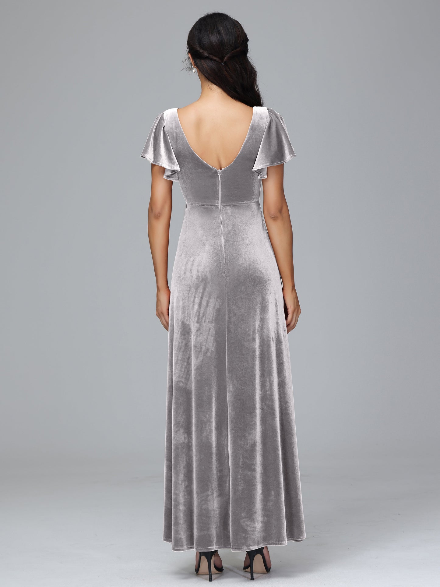 Short Sleeves Plus Size Velvet Bridesmaid Dress With Slit