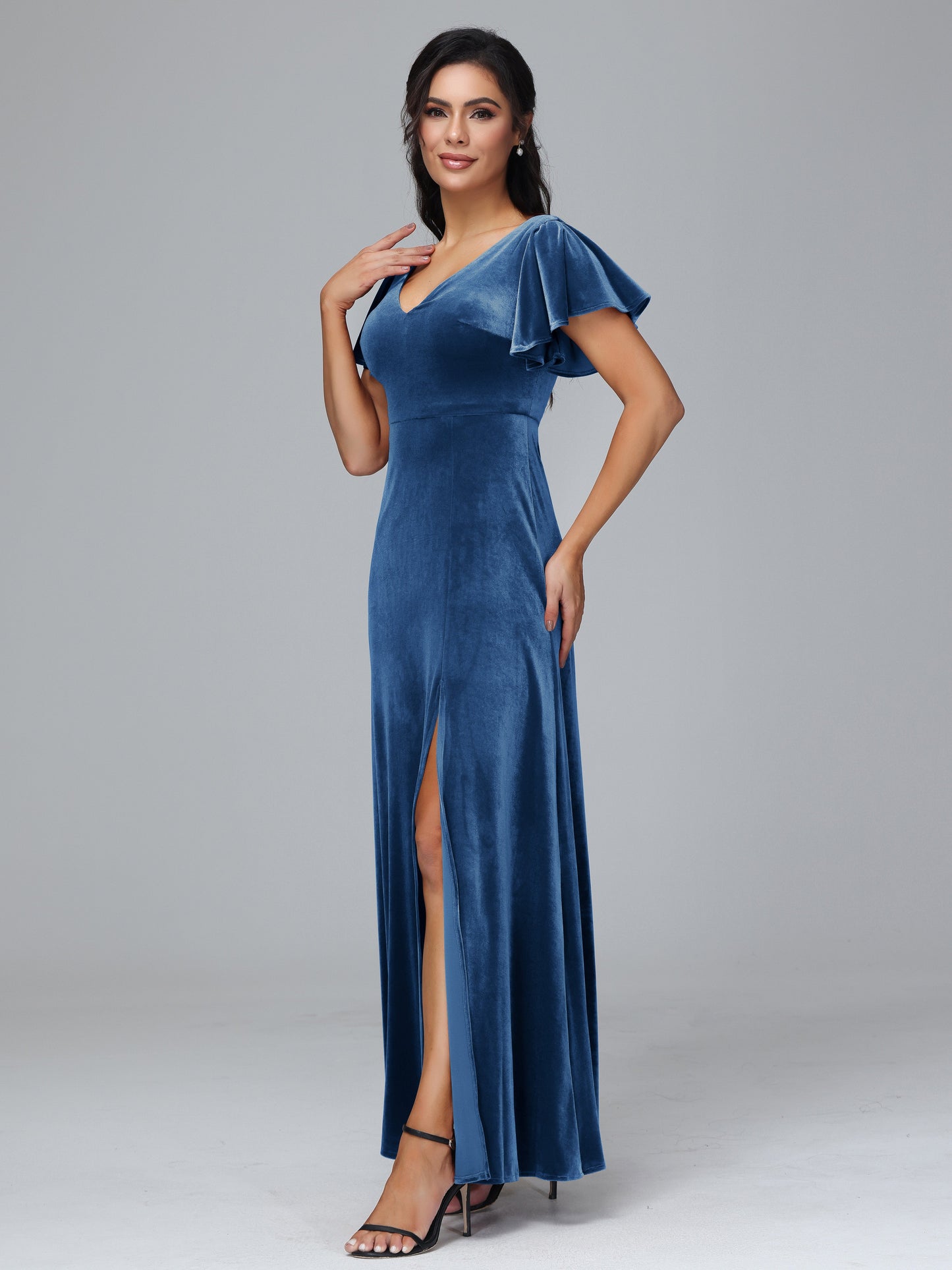 Short Sleeves Plus Size Velvet Bridesmaid Dress With Slit
