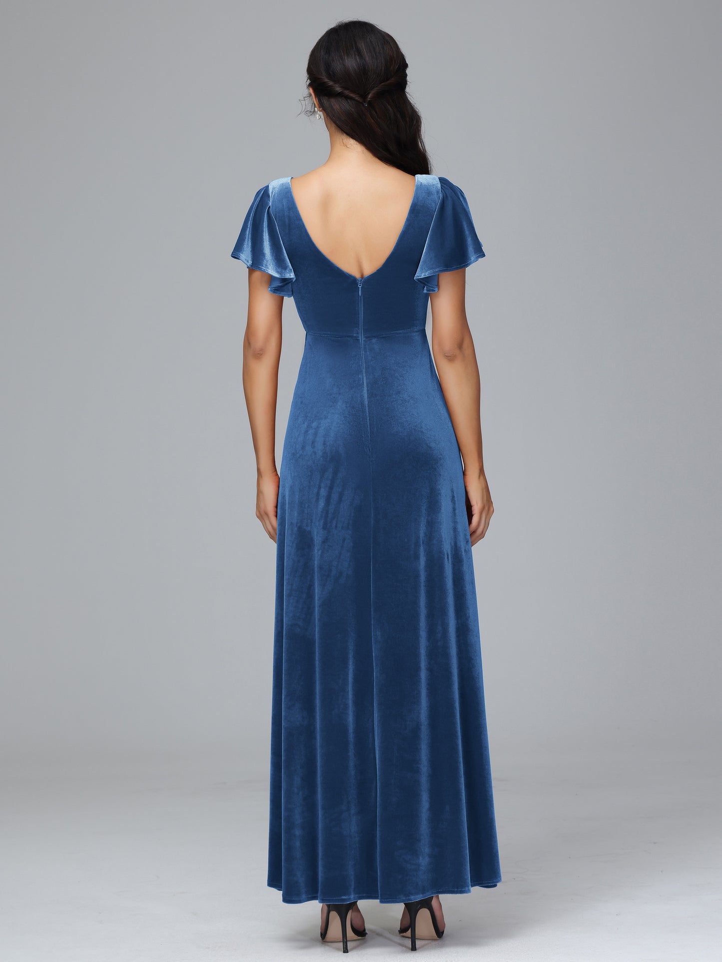 Short Sleeves Plus Size Velvet Bridesmaid Dress With Slit